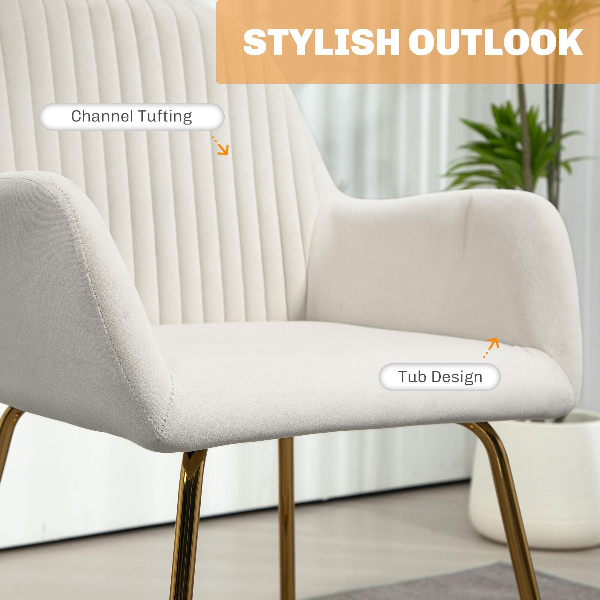 Modern Arm Chair Upholstered Accent Chair with Metal Base, Cream White