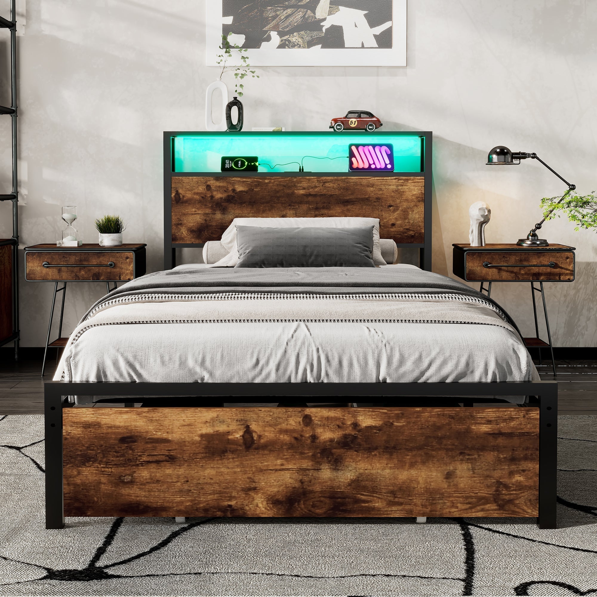 Metal Bed, 3FT Single with LED Light Strip & Drawer, Black & Walnut