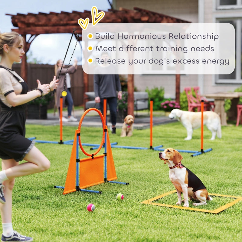Dog Agility Equipment Set, Seven-Piece with Weave Poles, Jump Ring, Hurdle, Pause Box, Carry Bag, Orange