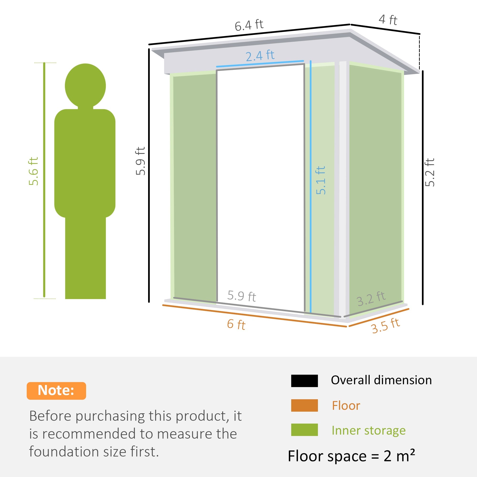 Galvanised Metal Shed, 6.5 x 4FT with Foundation Kit, Lockable Double Sliding Doors, Vents, Green