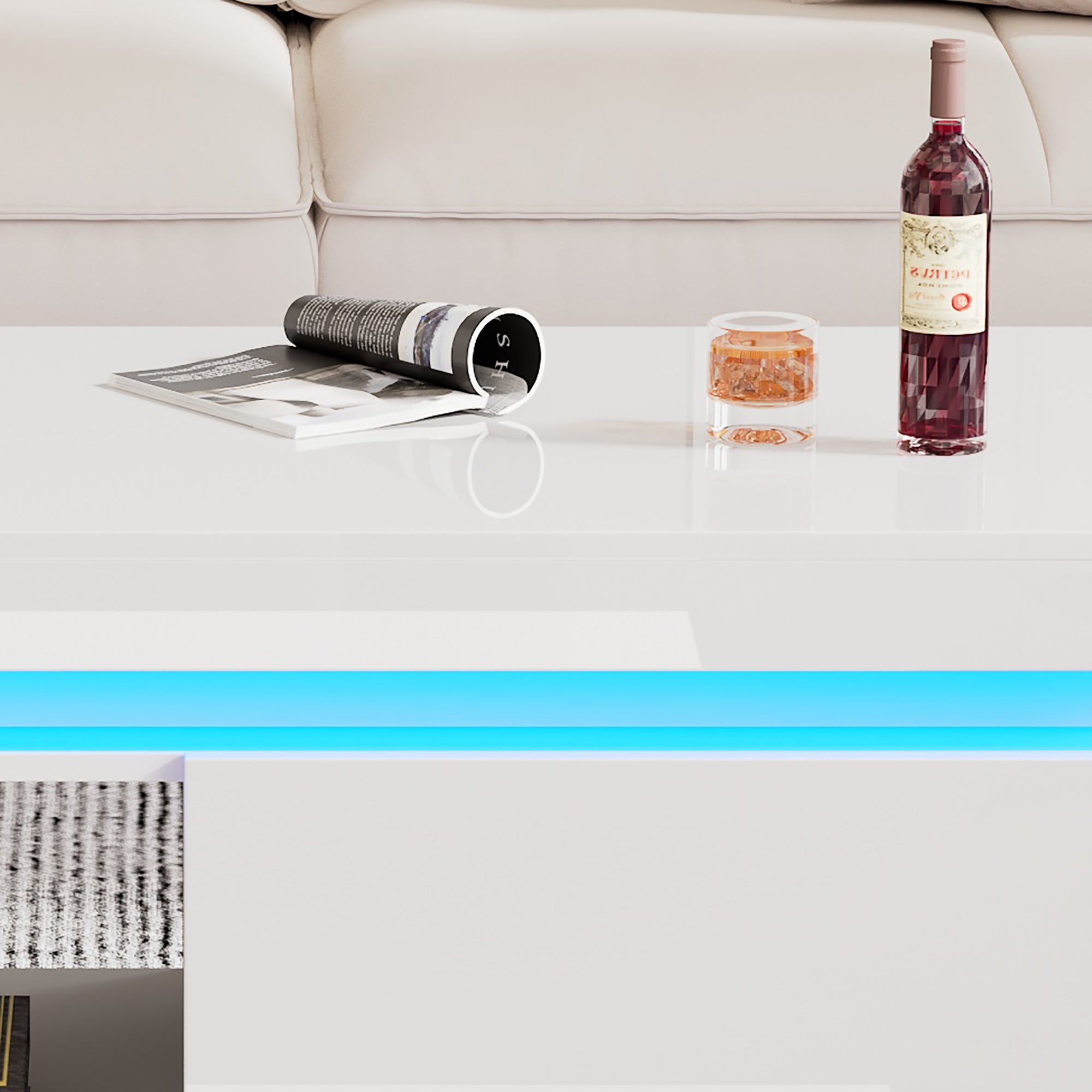 High Glossy LED Coffee Table with Drawer Storage, Wooden Centre Table with RGB Led Lights Rectangle Tea Table for Living Room Furniture, white Coffee Table with Open Display Shelf