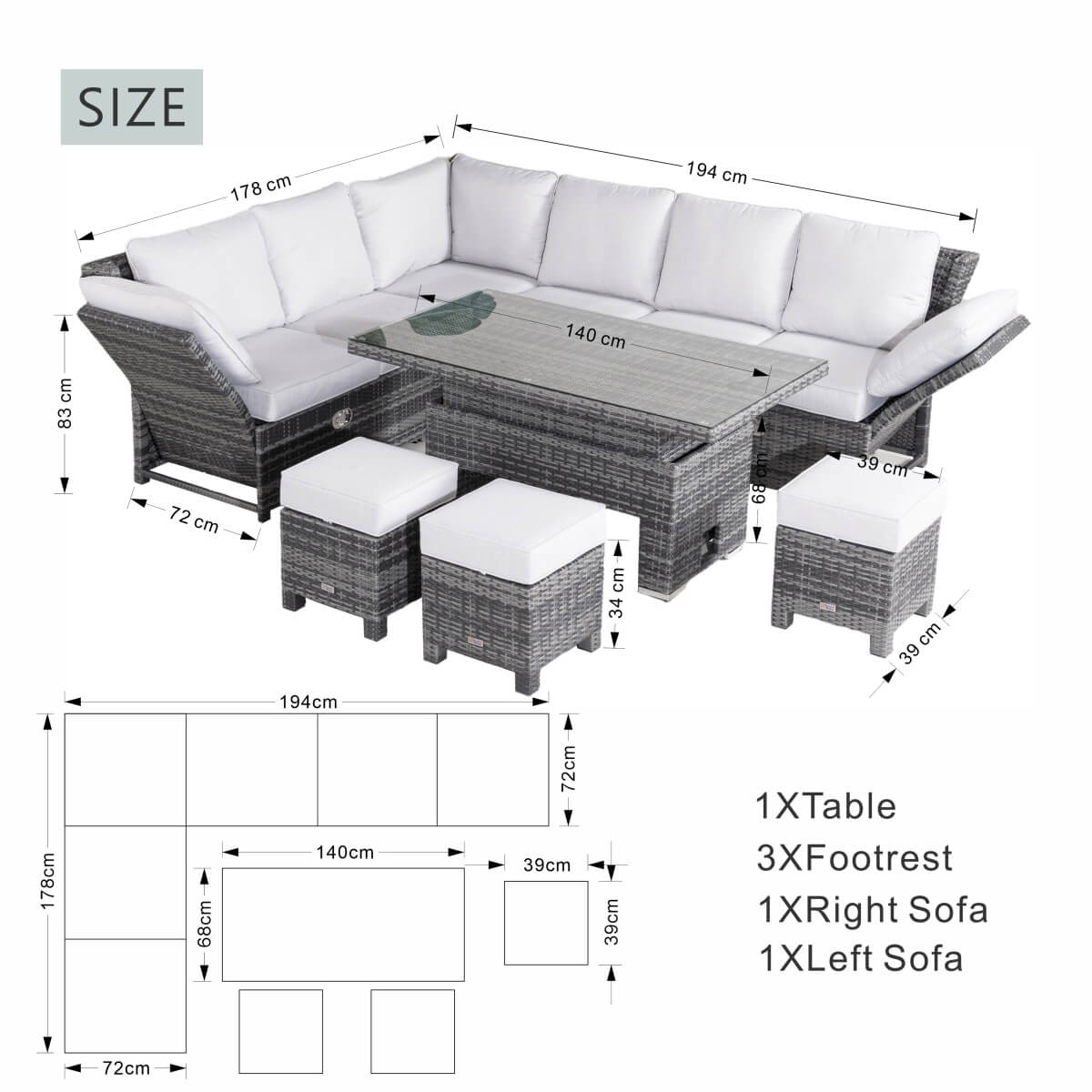 Premium Aluminium Modular Sofa Set – 9-Seater with Gas-Lift Armrests & Adjustable Table, Grey/Brown( PAS-2531)
