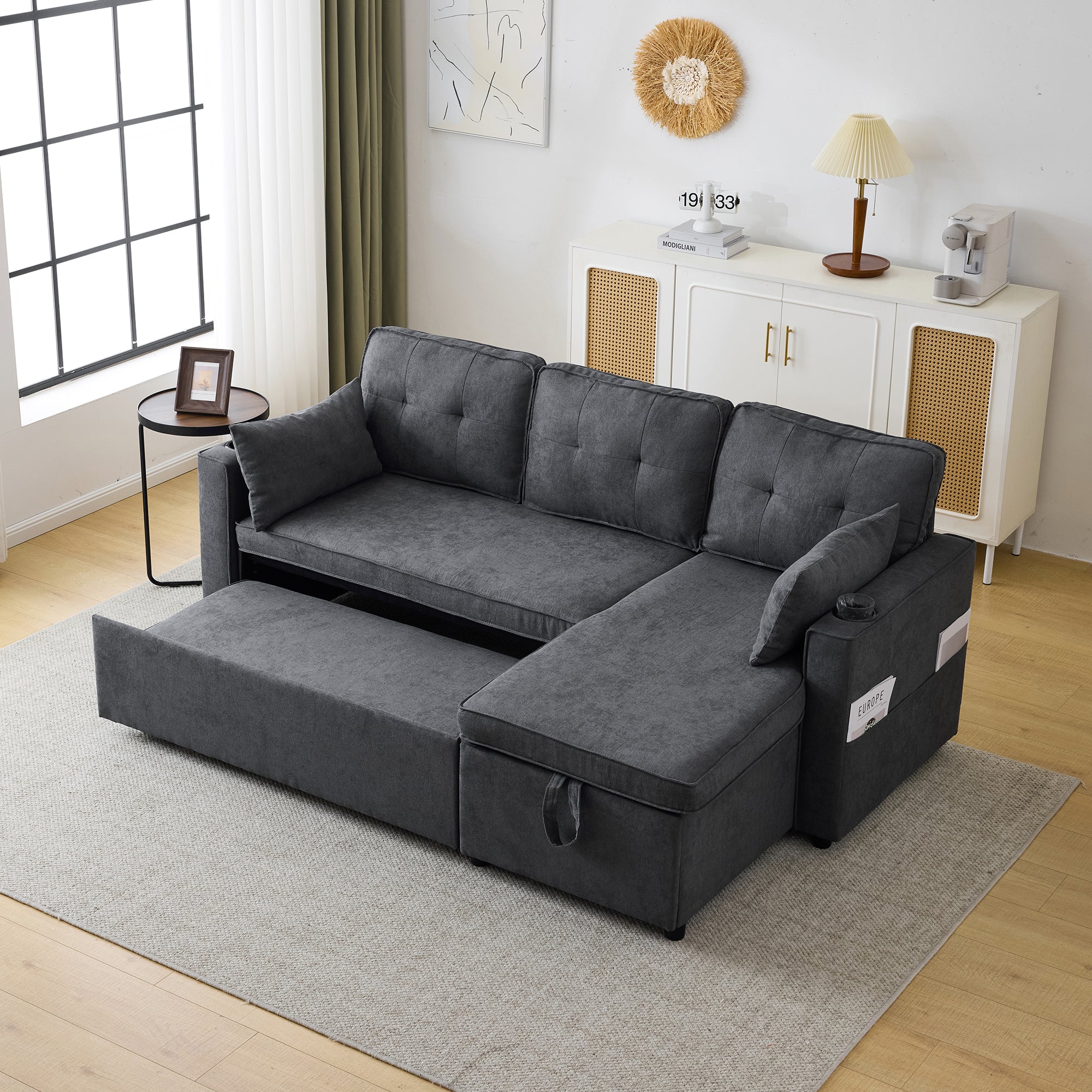 3-in-1 Convertible Sofa Bed with Storage Chaise, Cup Holders, Pillows - Grey
