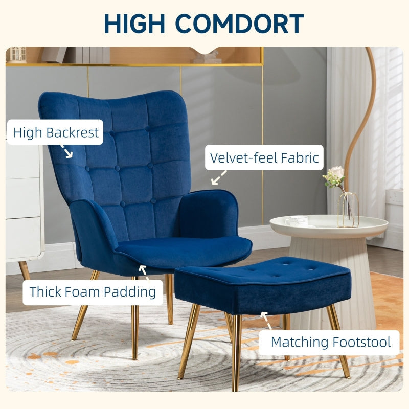 Modern Armchair with Footstool, Upholstered Accent Chair with Steel Legs, Dark Blue Velvet