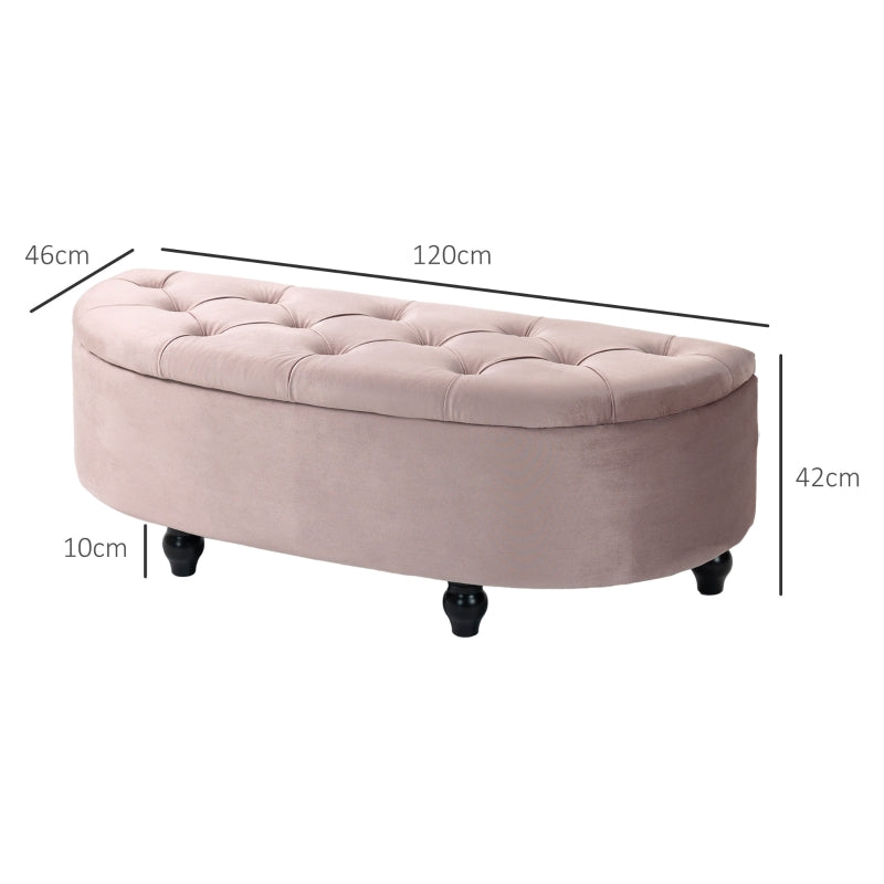 Semi-Circle Ottoman Storage Bench, Tufted Upholstered Footrest Stool, Rubberwood Legs, Pink