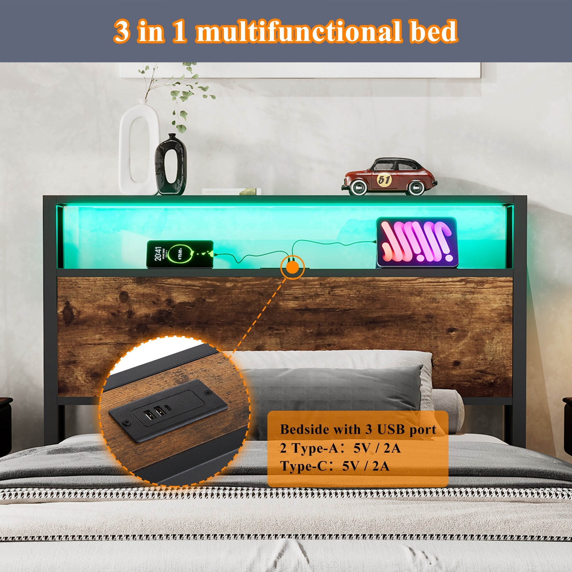 Metal Bed, 3FT Single with LED Light Strip & Drawer, Black & Walnut