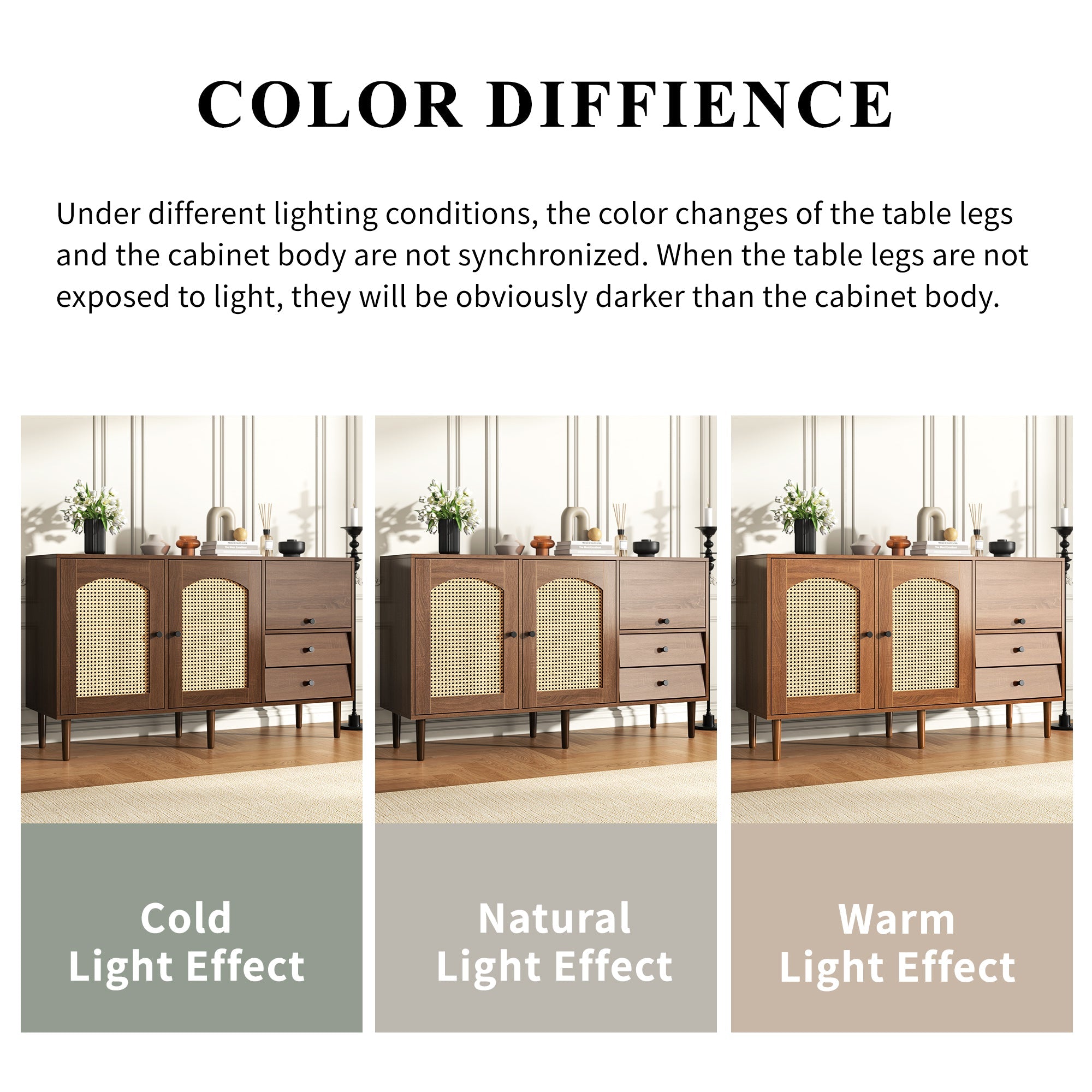 Country-Style Sideboard with Rattan Doors, Magnetic Closure Adjustable Shelves, Wood Tone