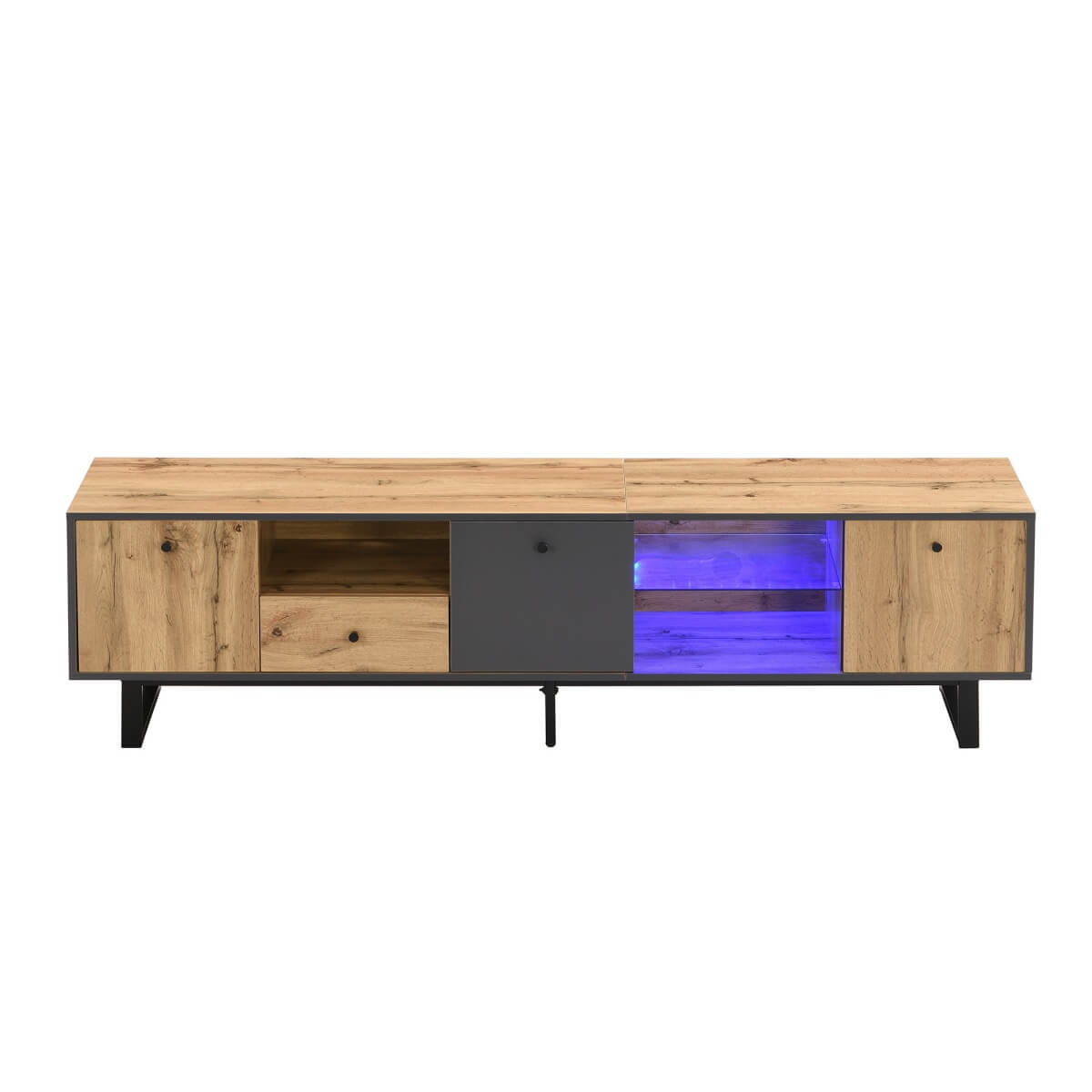 LED TV Unit with Glass Shelves - Modern Lowboard Cabinet with Soft-Close Doors