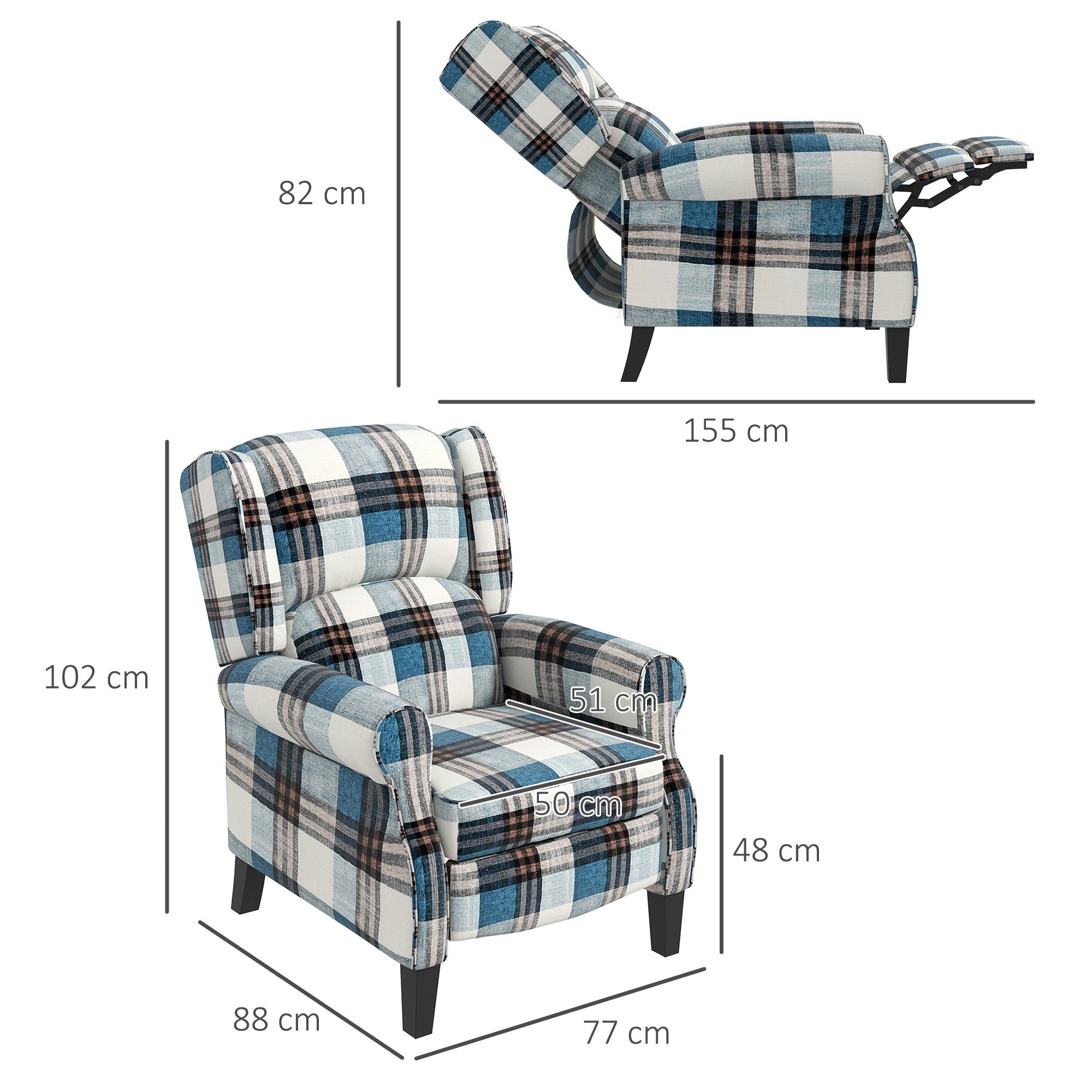 Wingback Reclining Chair Push Back Armchair with Footrest Wood Legs Blue