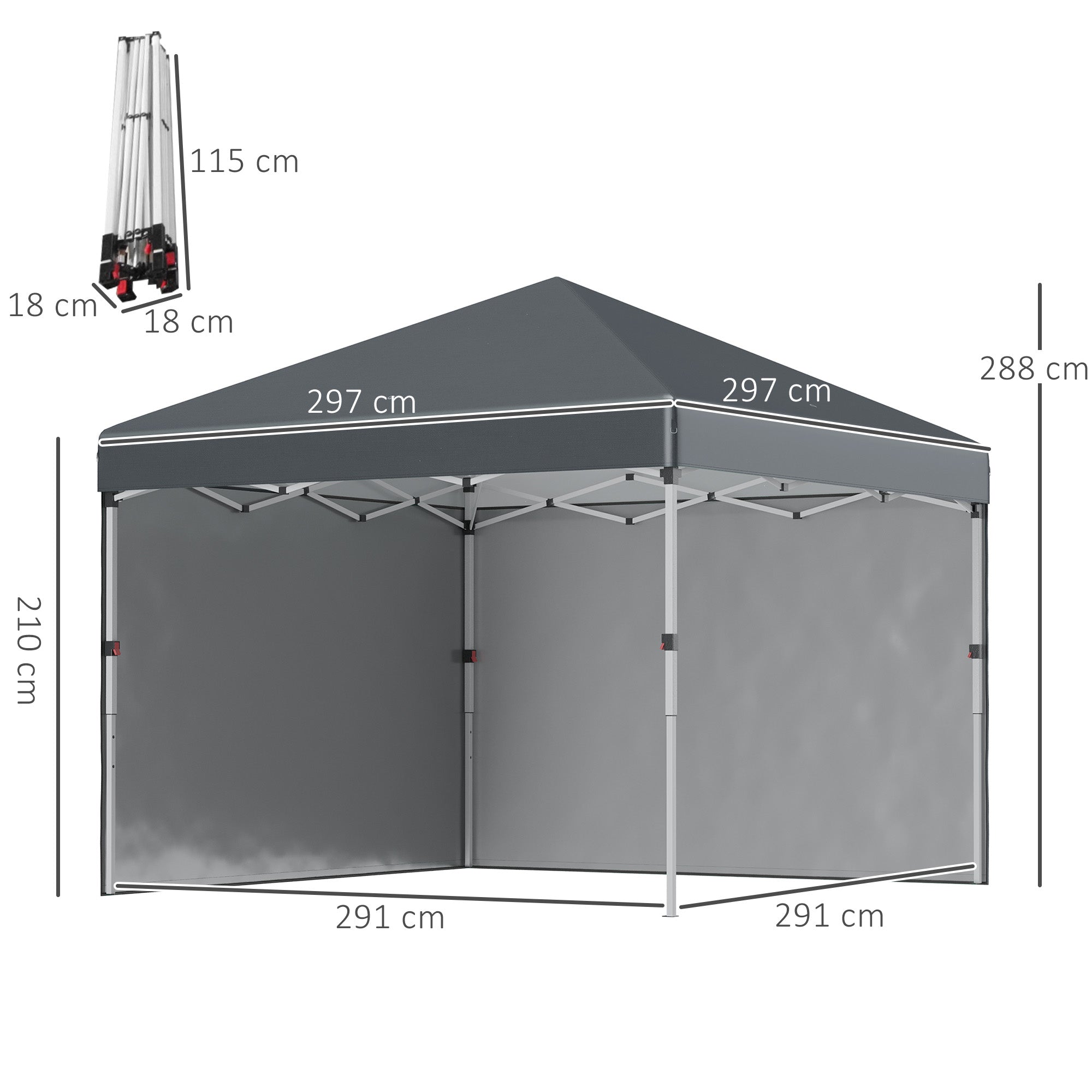 Pop Up Gazebo 3 x 3 (M), UPF 30+, 2 Sidewalls, Leg Weight Bags, Wheeled Bag, Height Adjustable, Dark Grey
