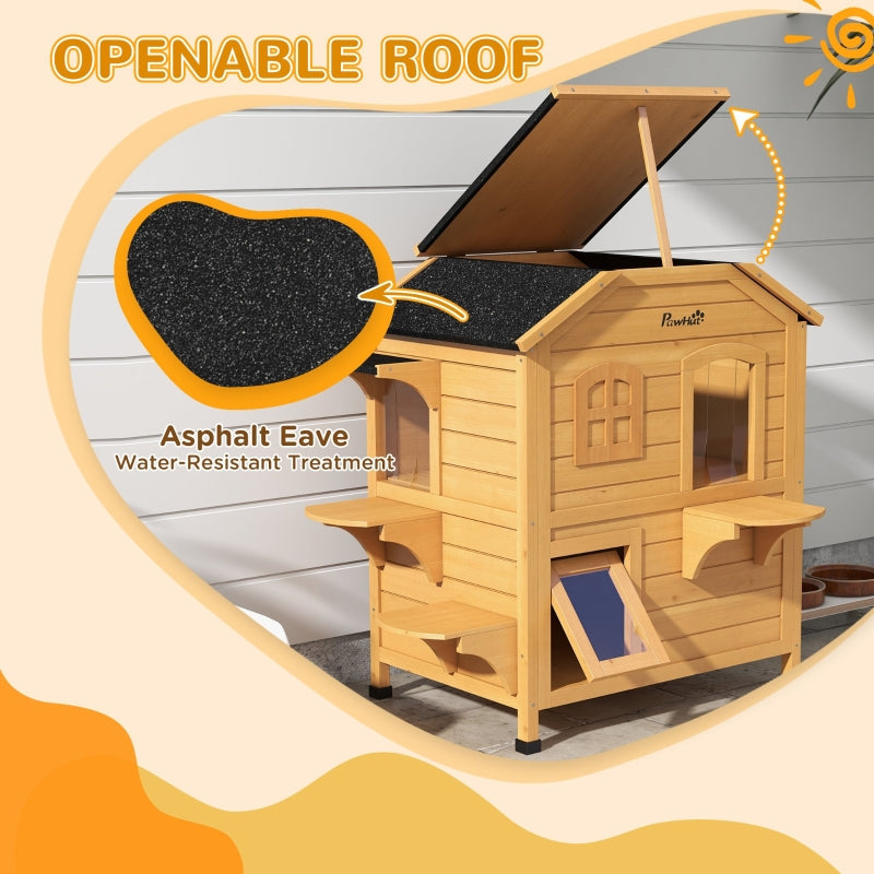 2-story Cat House Outdoor, Weatherproof Cat Enclosure with Escape Door, Openable Roof, Jumping Platforms, Natural Wood