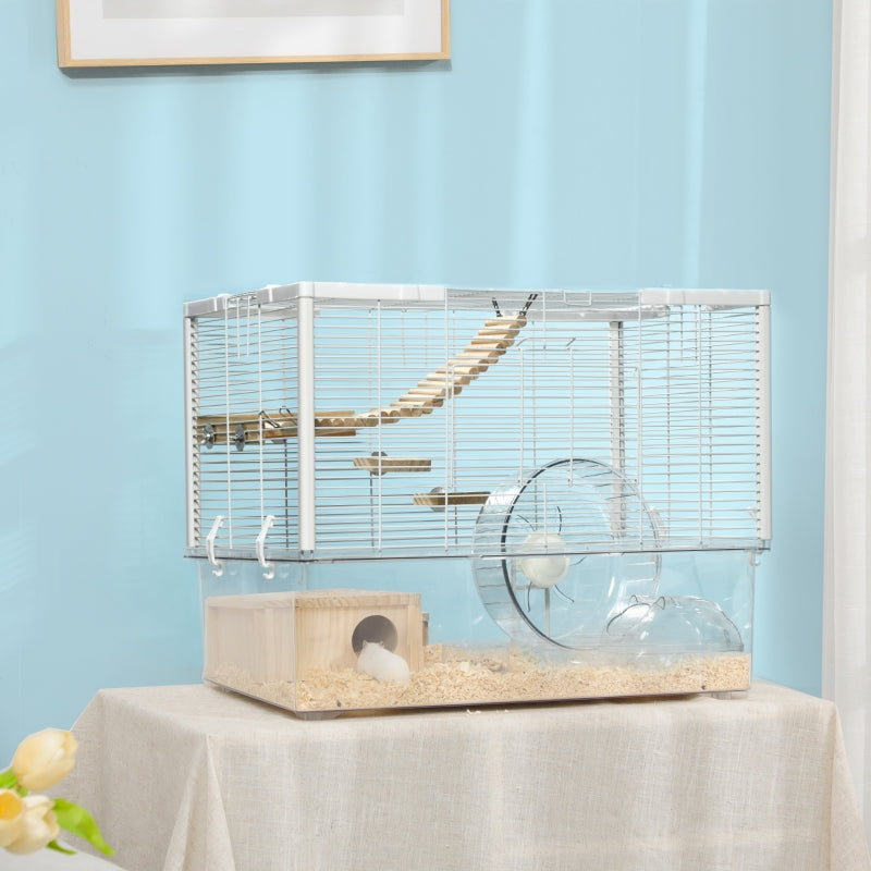 Hamster/Gerbil Cage with Wooden Ramp, Exercise Wheel, Food Bowl - White