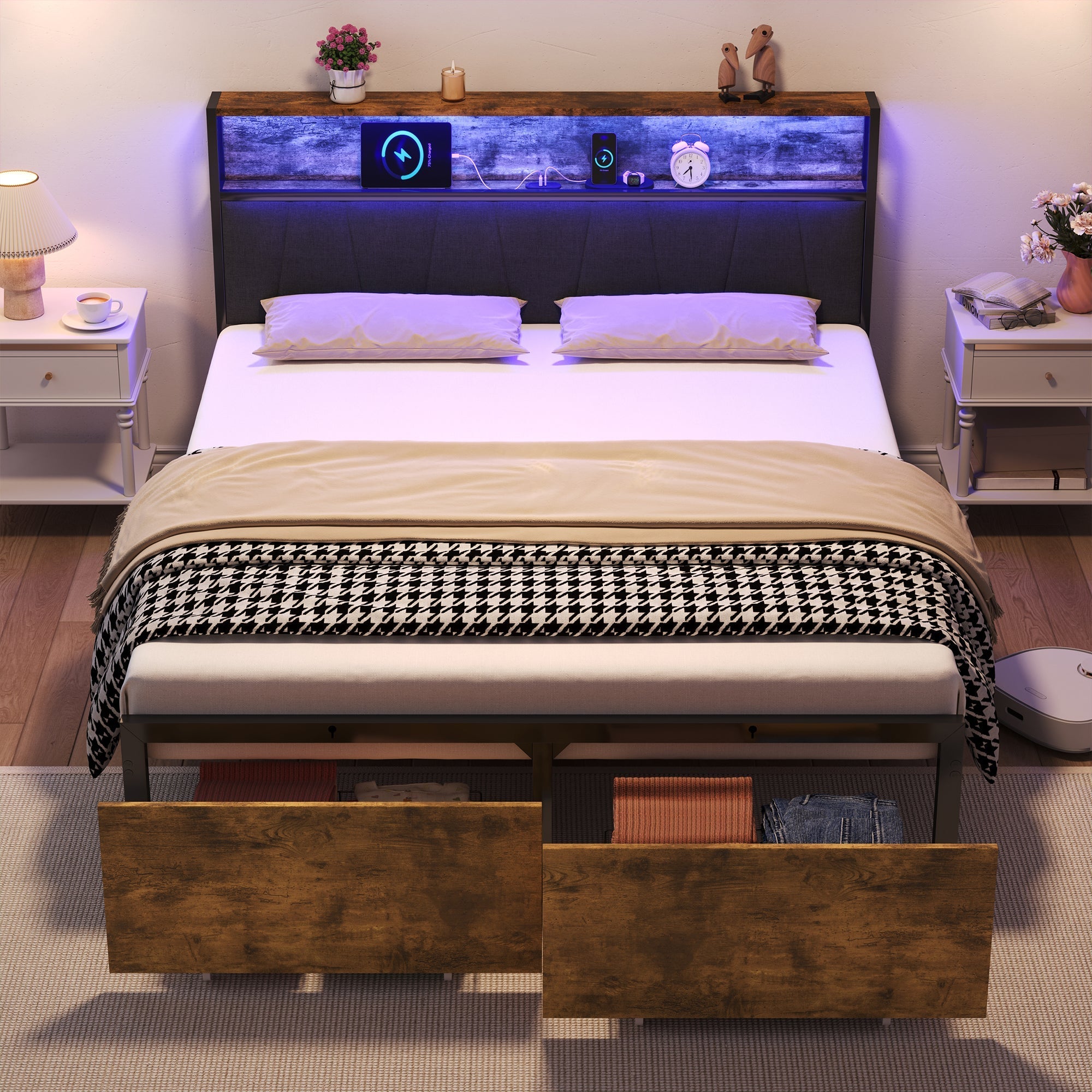4ft6 Double Bed Frame with 2 Storage Drawers, RGB LED Storage Headboard & Charging Station, Black+Walnut
