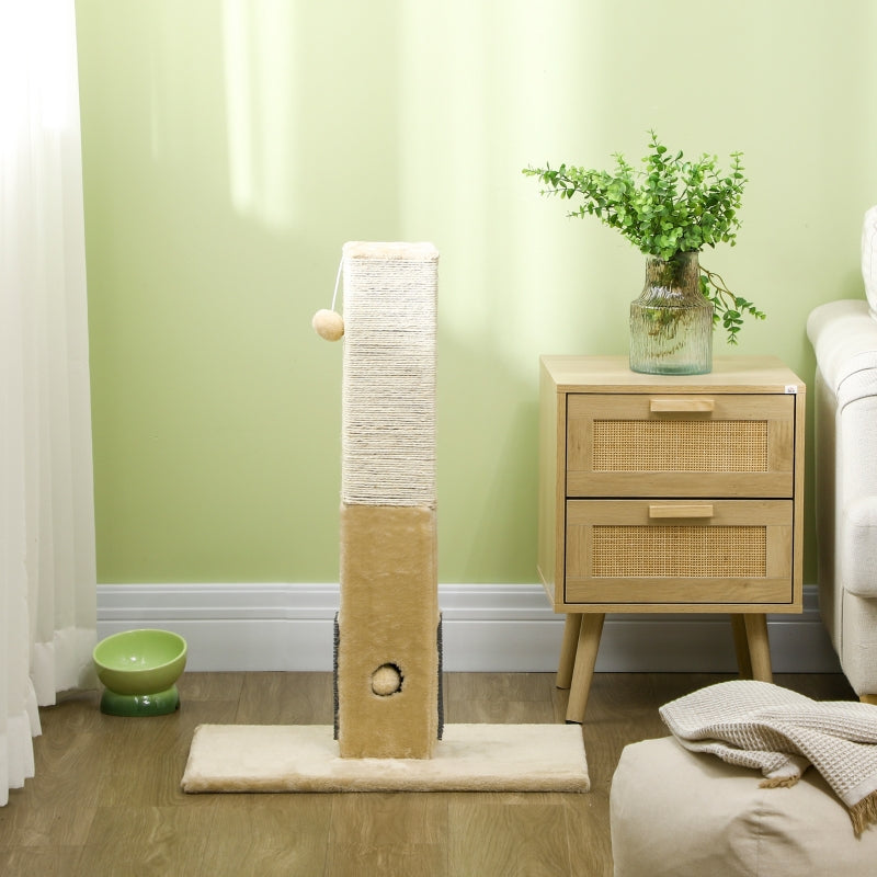 Jute Cat Scratching Post with Carpet Base & Hanging Toy - Beige