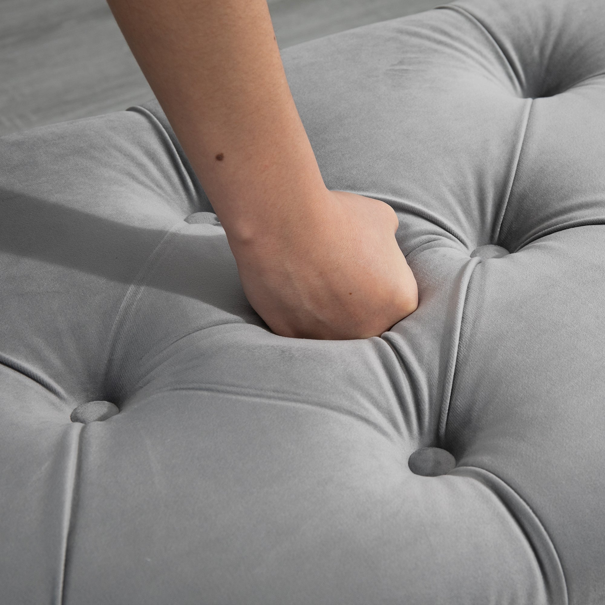 Semi-Circle Ottoman Storage Bench, Tufted Upholstered, Light Grey