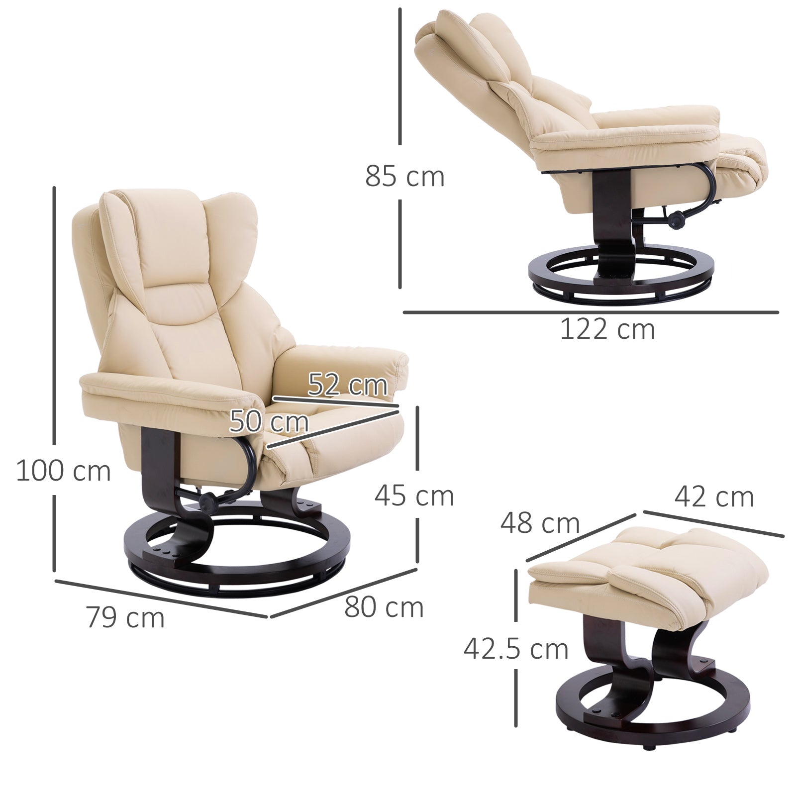 360¡ã Swivel Recliner Chair with Footstool, PU Leather Manual Reclining Armchair, Cream