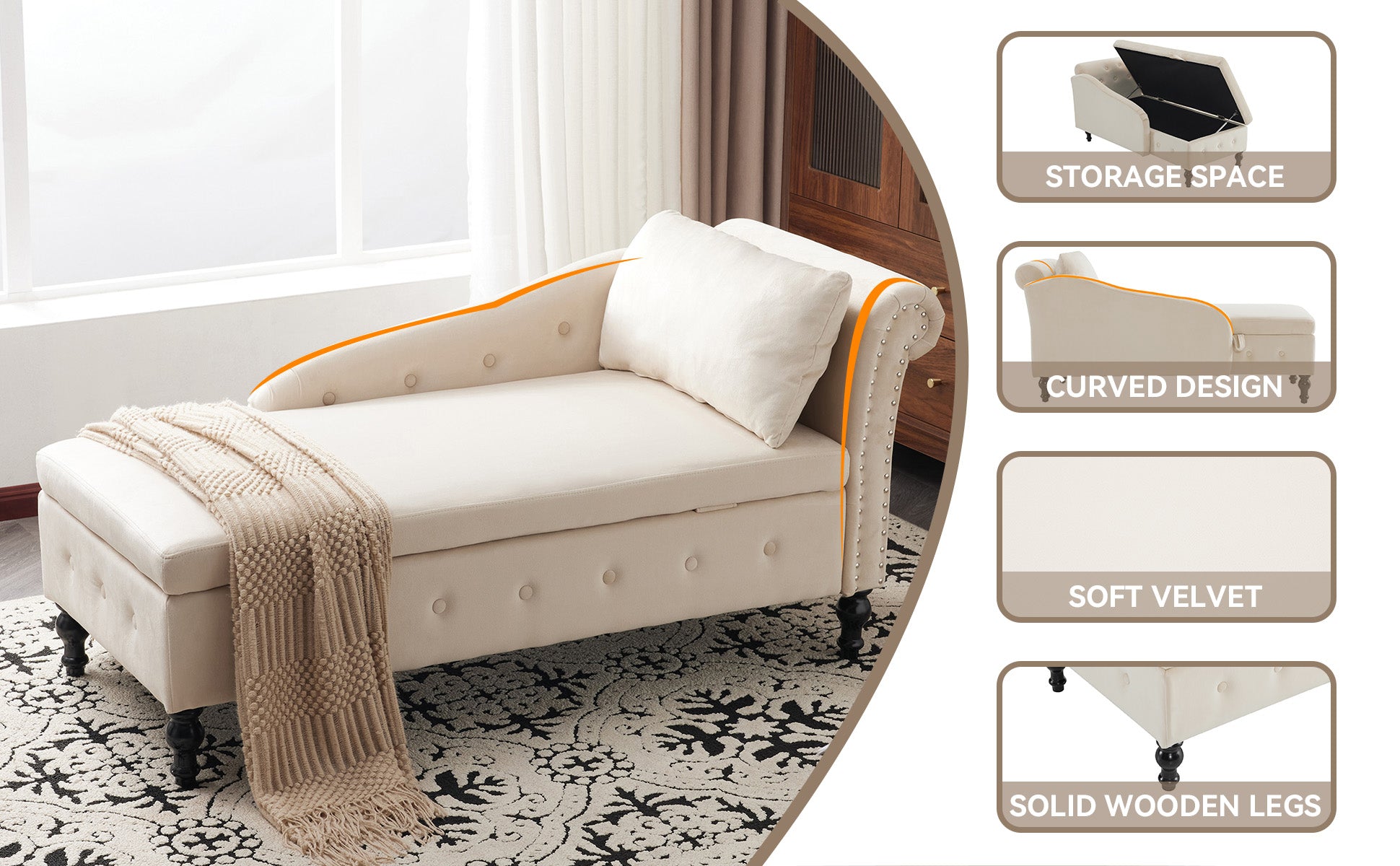 Velvet Chaise Lounge Sofa with Storage, Upholstered Chaise Lounge Couch with Pillow, Right Armrest, Velvet