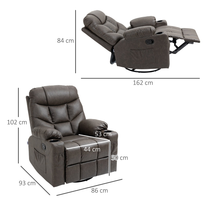 Manual Reclining Chair with Footrest, Cup Holders, Faux Leather Brown
