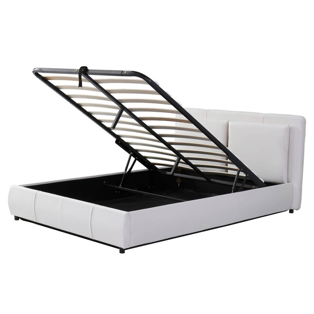 4ft6 Double Upholstered Storage Bed – Hydraulic Lift, Velvet Bed Frame with Removable Headboard, Beige