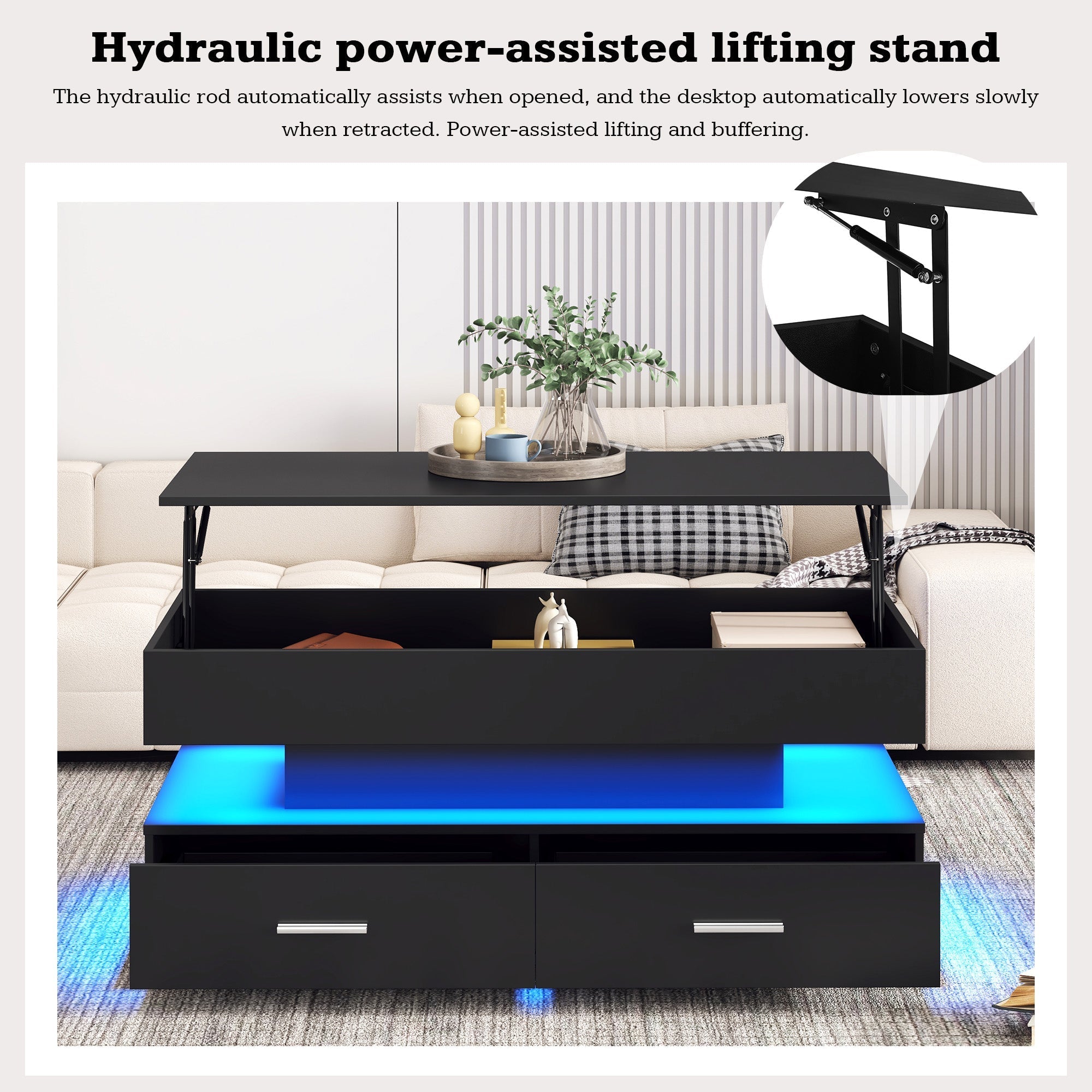 Hydraulic Lift Top Coffee Table, LED with Storage & 2 Drawers, Black