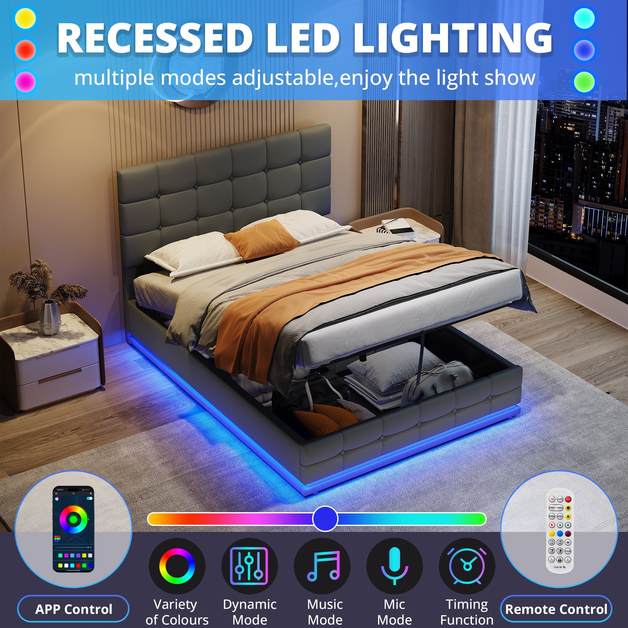 Ottoman Double Bed with LED Lighting, Hydraulic Storage, Adjustable Headboard, Grey PU Leather