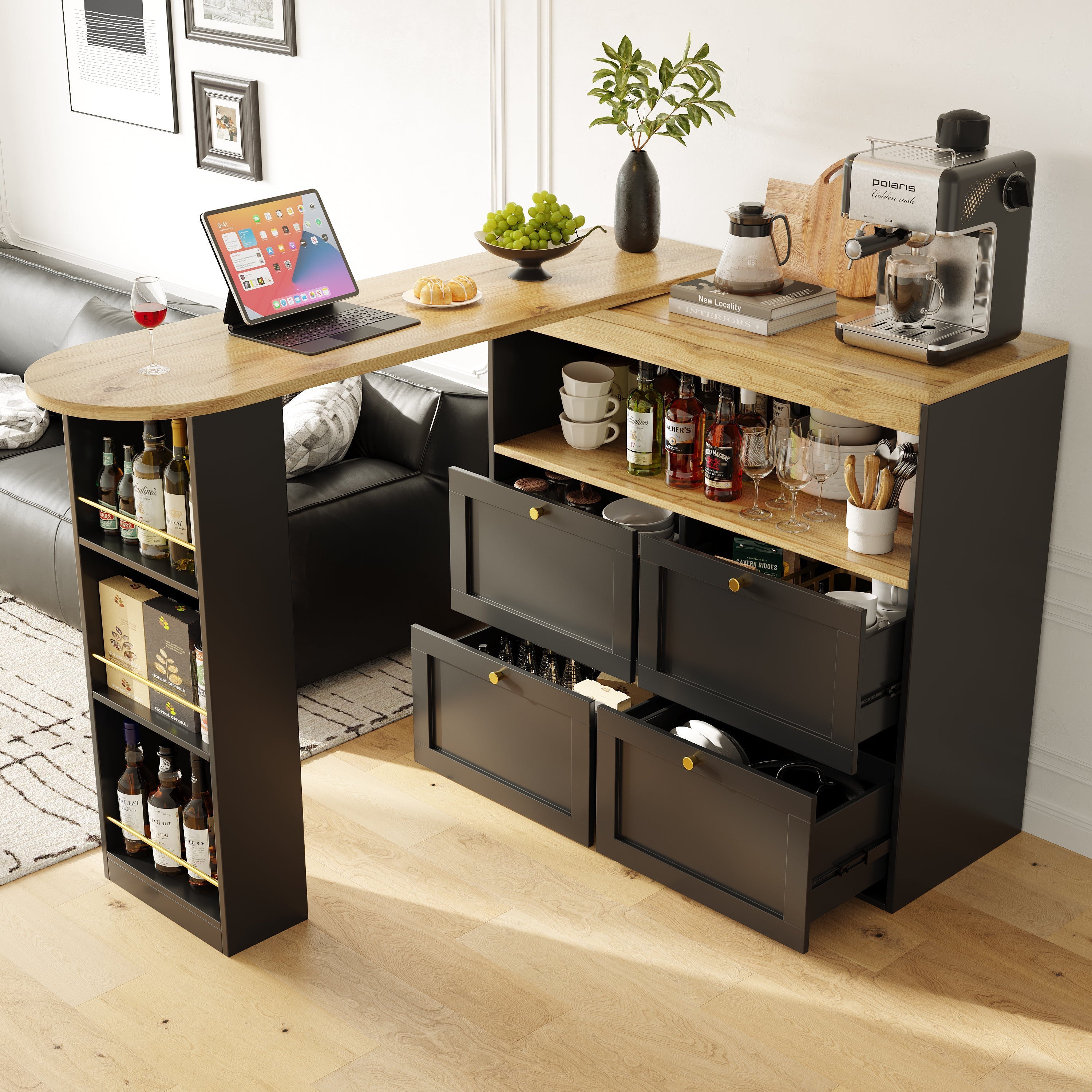 360¡ã Swivelling Bar Table with 4 Drawers, Open Shelves, 105x39x102 cm, for Dining/Study/Living Room