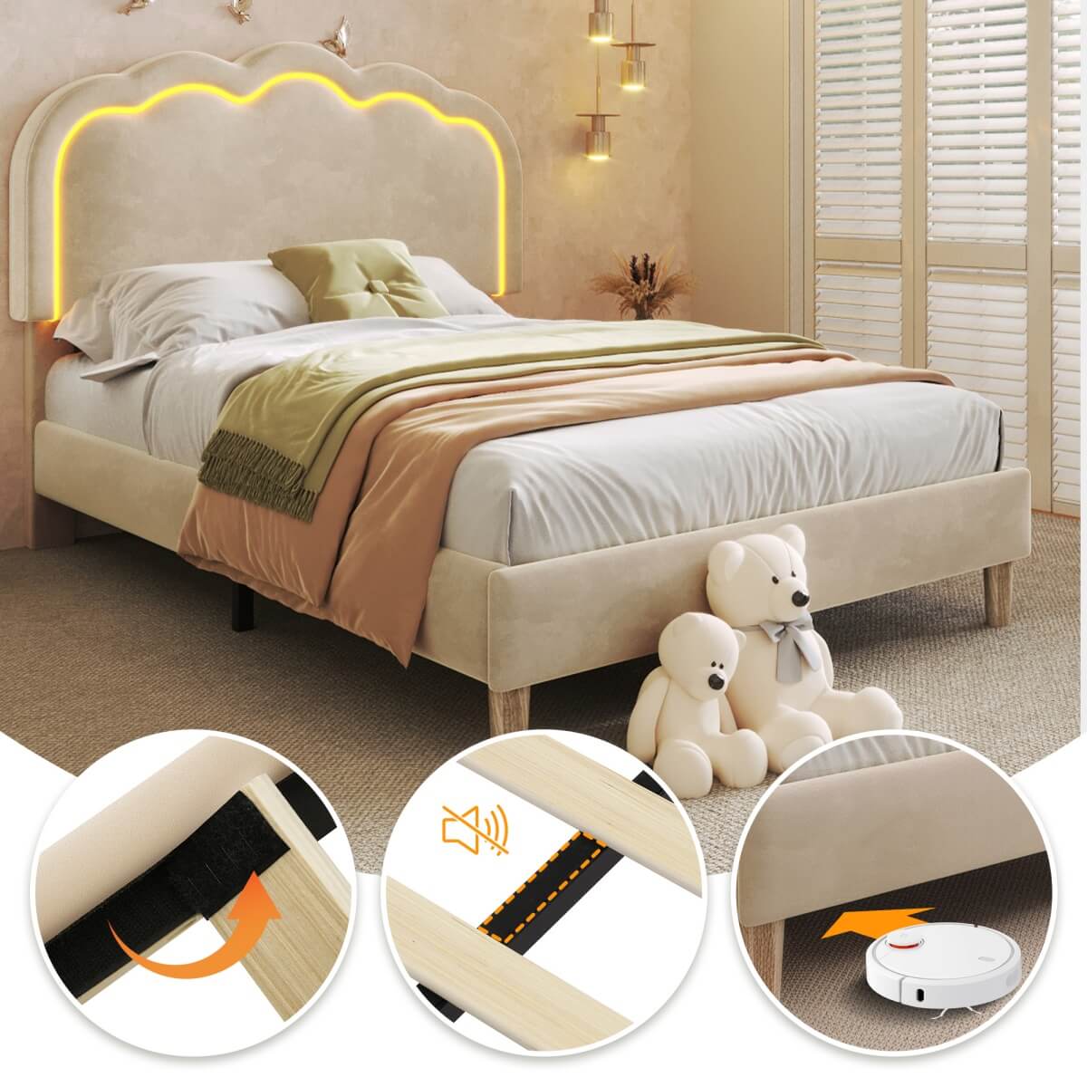 3ft Single Kids Bed with LED - Upholstered Velvet Bed Frame, Adjustable Headboard & Slatted Base, Beige