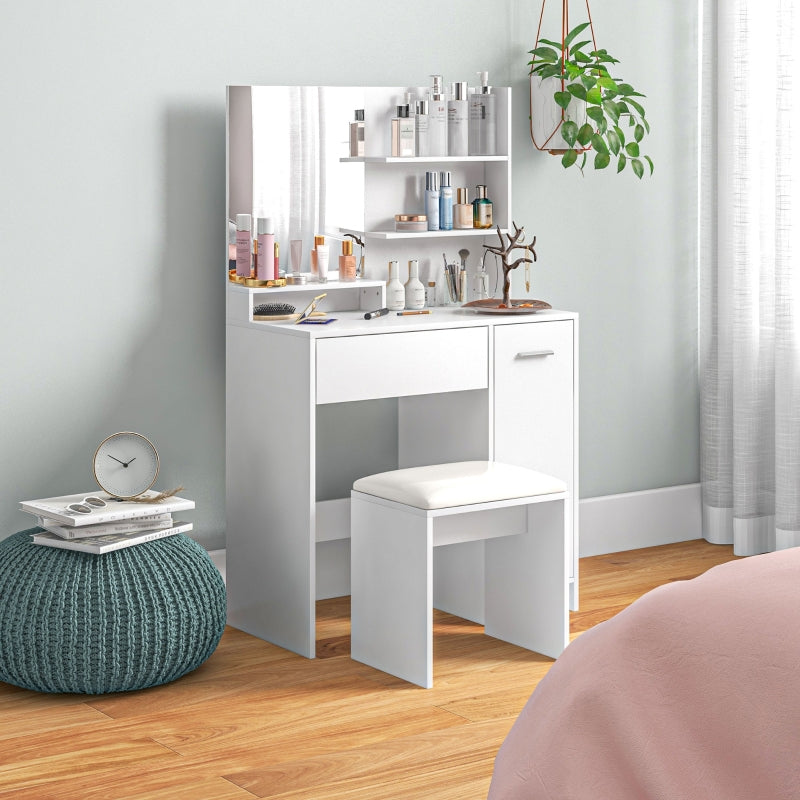 Dressing Table and Stool Set with Storage - White