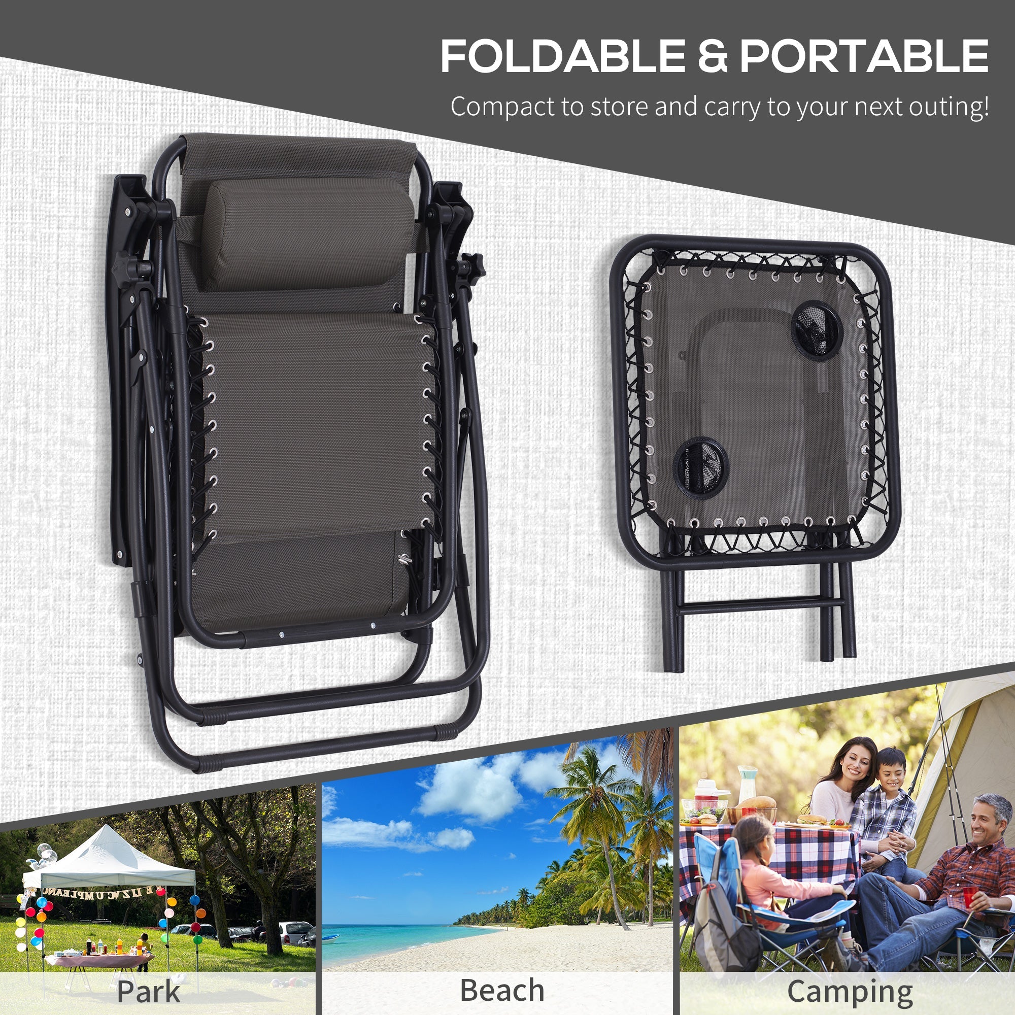 Folding Zero Gravity Chairs with Cup Holders, Reclining, Dark Grey