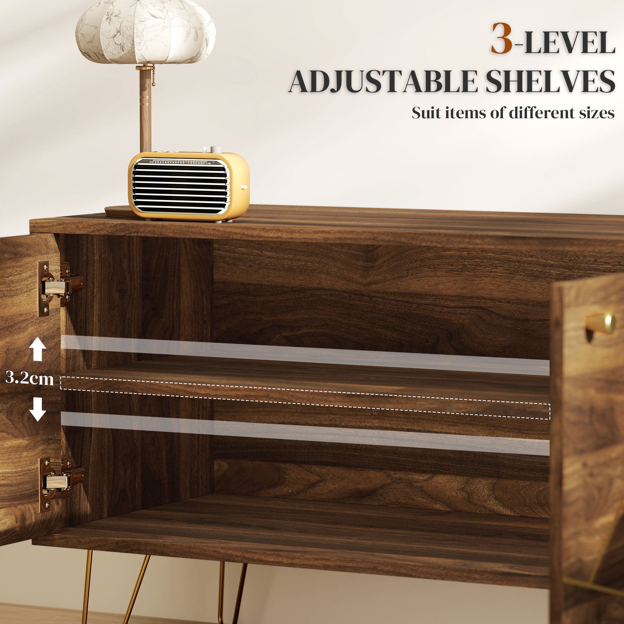 TV Stand Cabinet, Modern 130cm with Adjustable Shelves, Hairpin Legs, Double Door, Brown