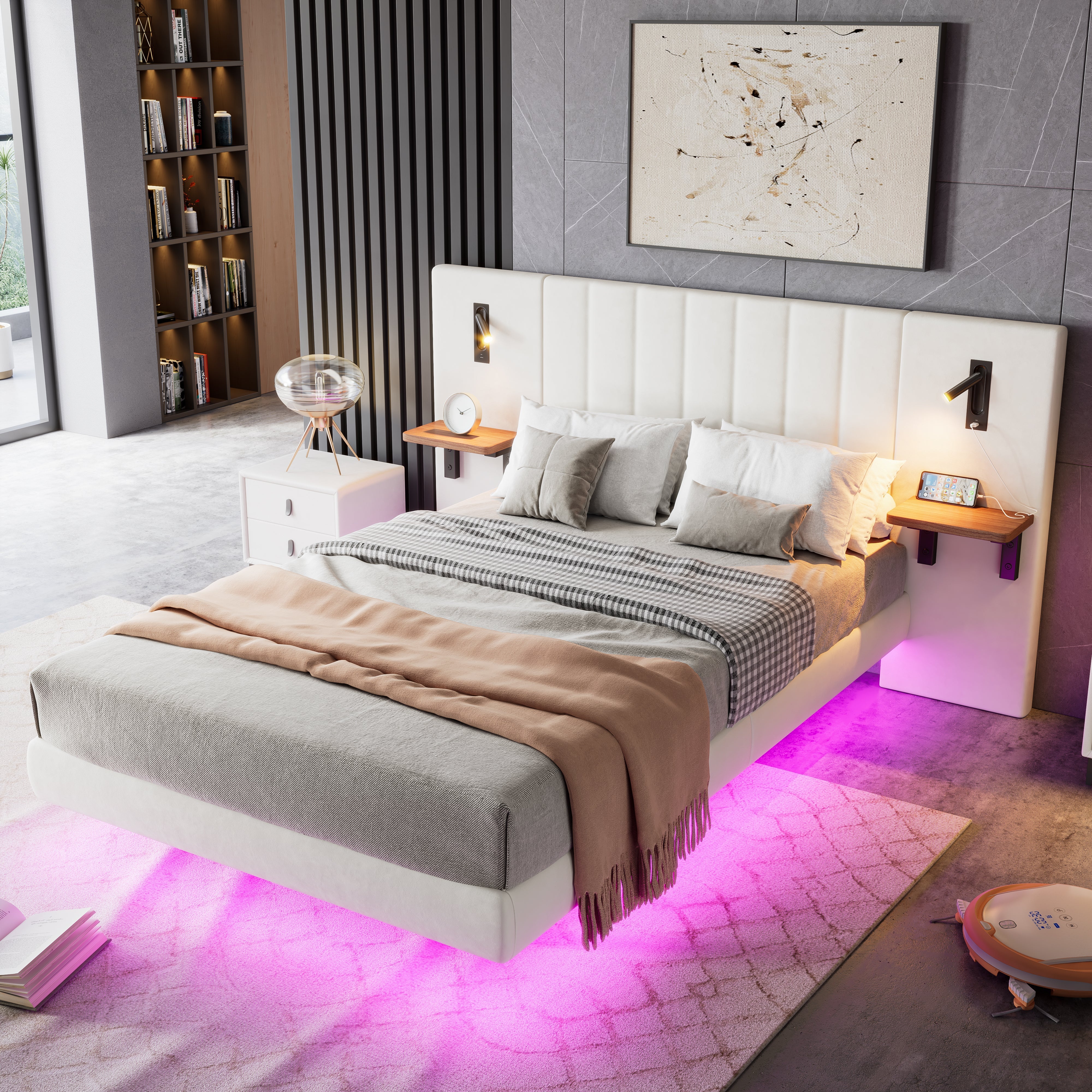 Upholstered Bed, 4ft6 Double, 2 Bedside Lamps, Headboard Storage & Charging, Velvet+Iron, White