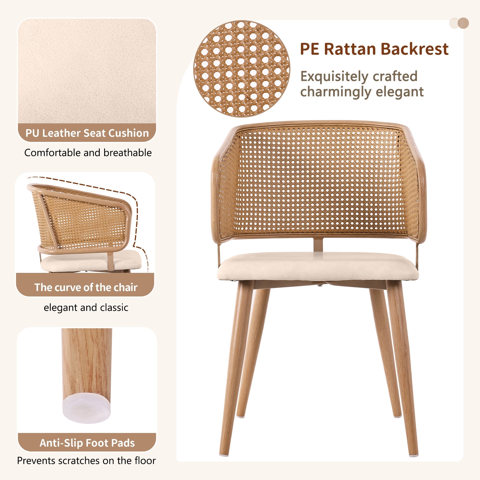 Modern Dining Chairs (2 pcs) with Rattan Backrest & PU Leather Seat, Beige