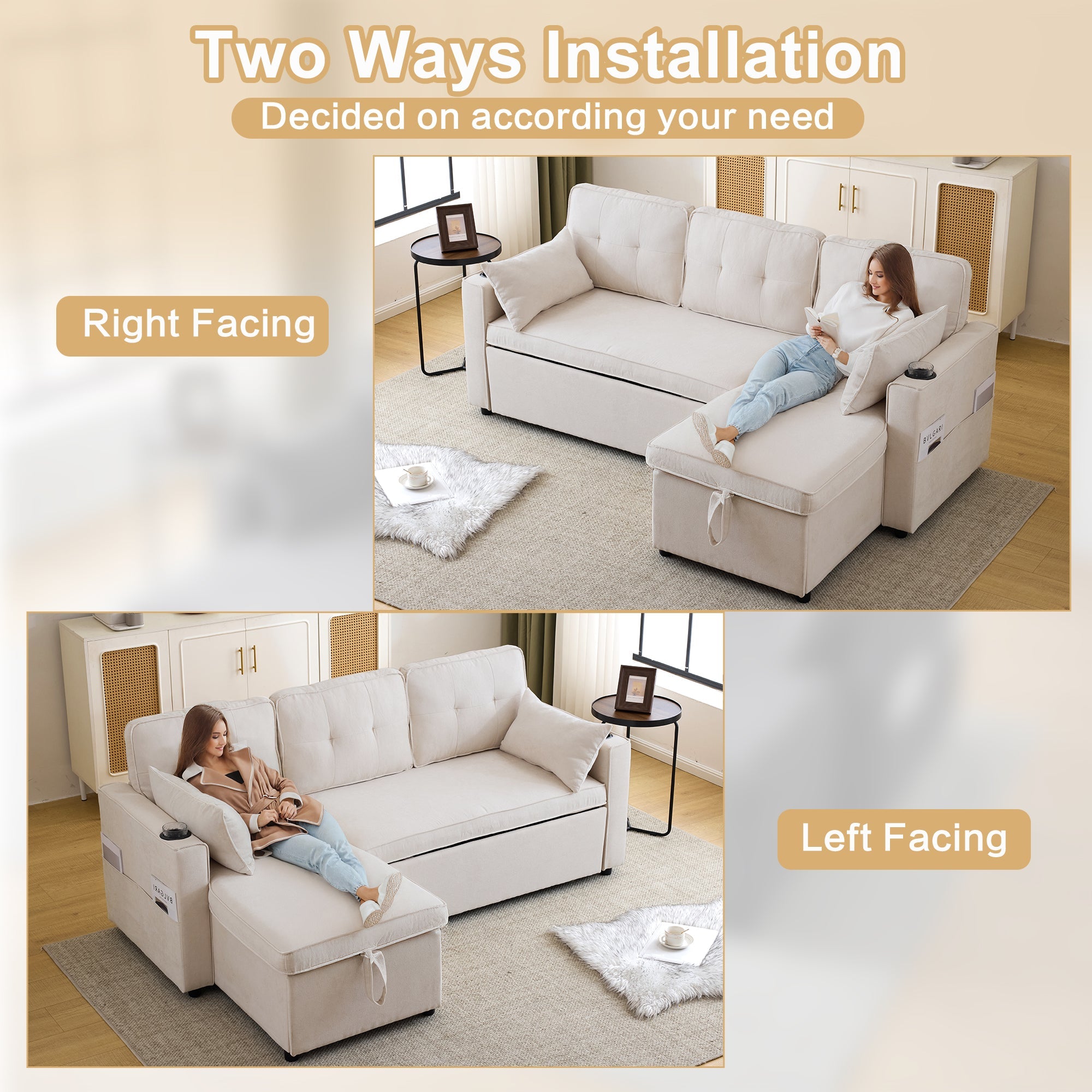 3-in-1 Convertible Sofa Bed with Storage Chaise, L-Shaped Sectional Daybed, Beige