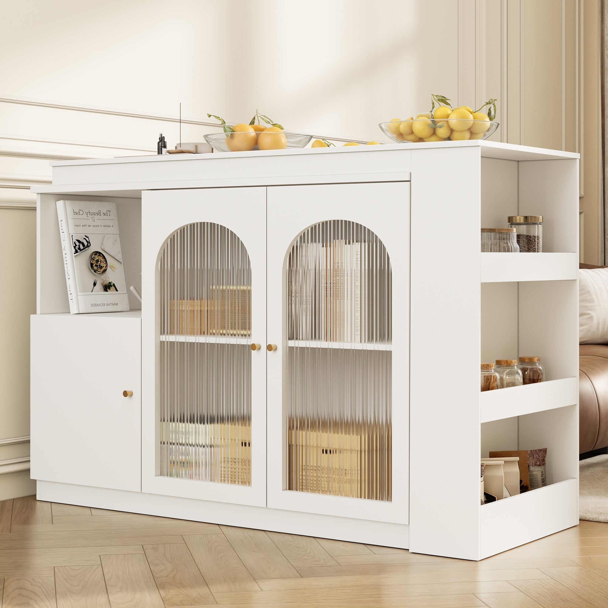 Bar Table, 360¡ã Rotating Dining & Storage Cabinet with Glass Door, White