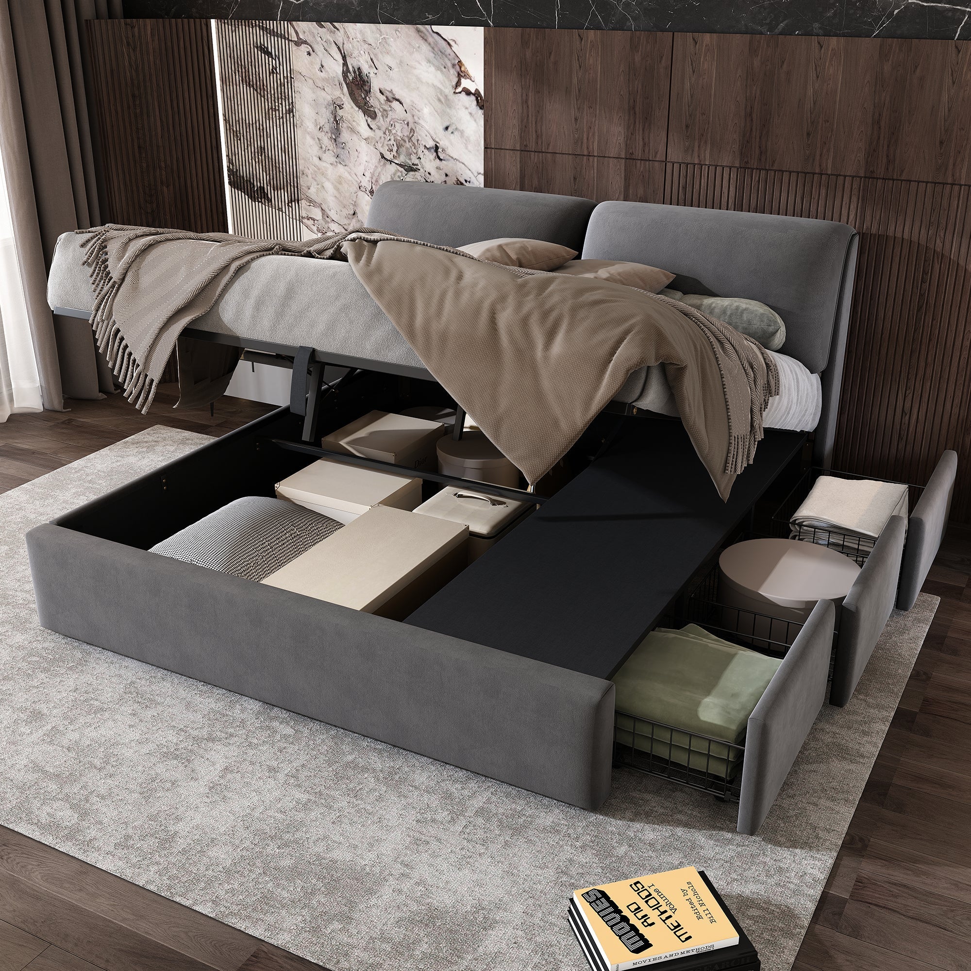Upholstered Bed, King Size 5ft (150x200cm) with Hydraulic Lift, 3 Drawers & Storage Box, Velvet Grey