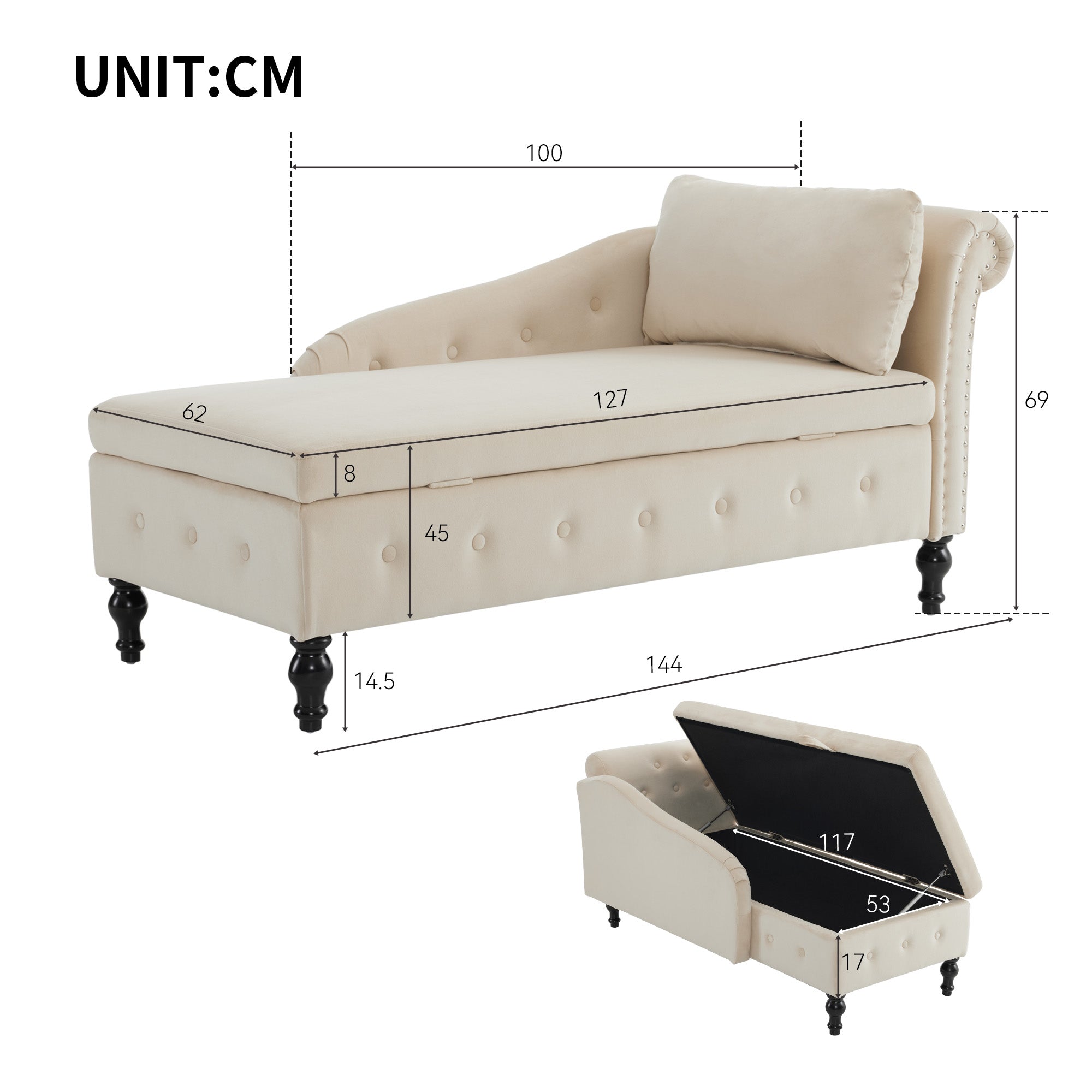 Velvet Chaise Lounge Sofa with Storage, Upholstered Chaise Lounge Couch with Pillow, Right Armrest, Velvet