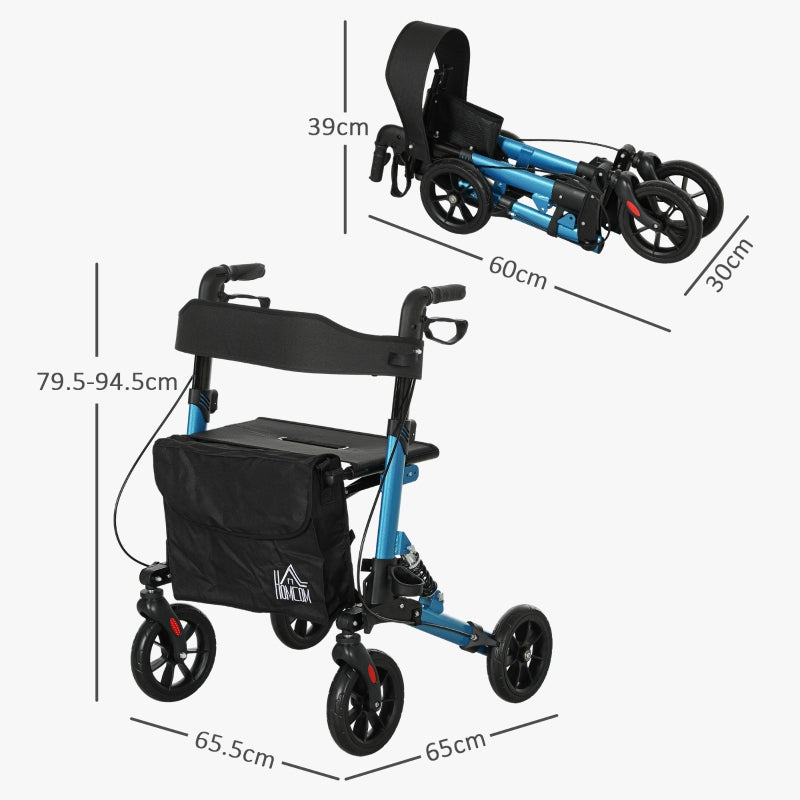 Folding Rollator Walker, Lightweight with Seat, Backrest, Dual Brakes, Adjustable Handle Height, and Storage Bag, Blue