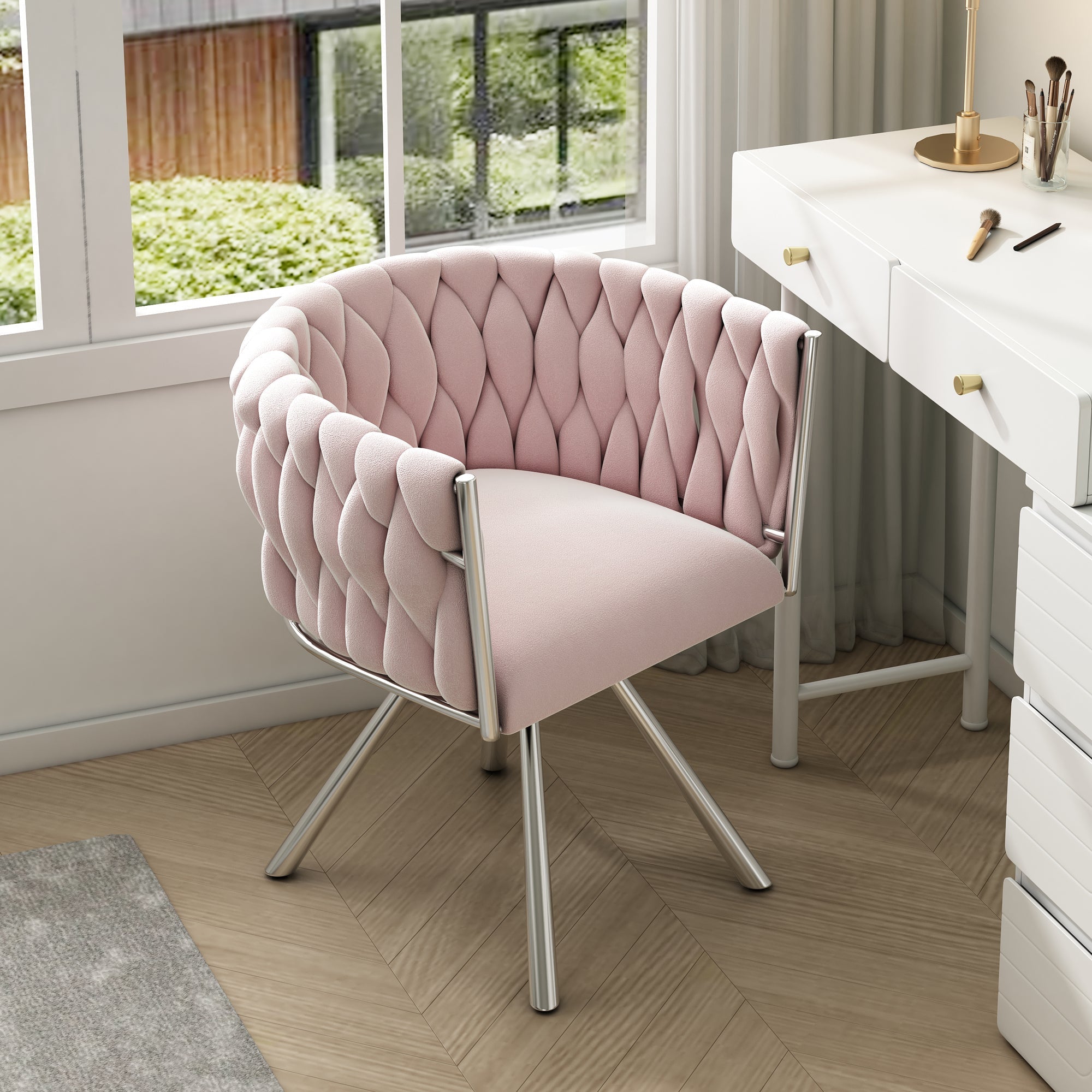 Velvet Dining Chair, Single Light Luxury Living Room Bedroom Swivel Chair with Four Metal Support Legs, Pink