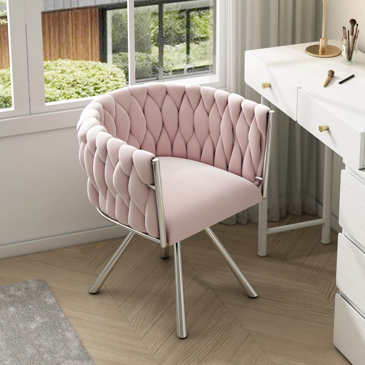 Velvet Swivel Dining Chair – Luxury Single Chair with Metal Legs for Living Room & Bedroom, Pink