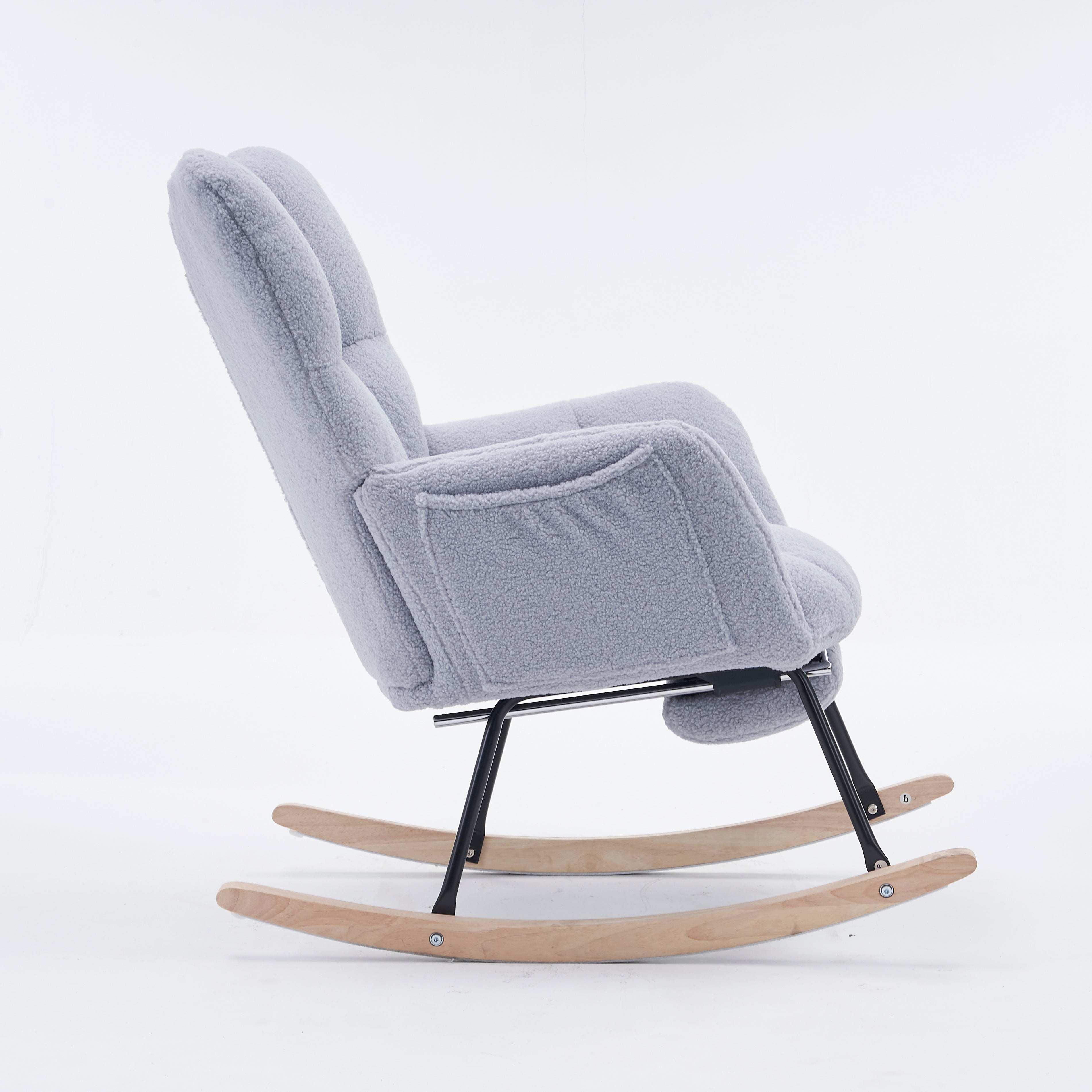 New Modern Teddy Fabric Tufted Upholstered Rocking Chair with Pull-Out Footrest, Light Grey