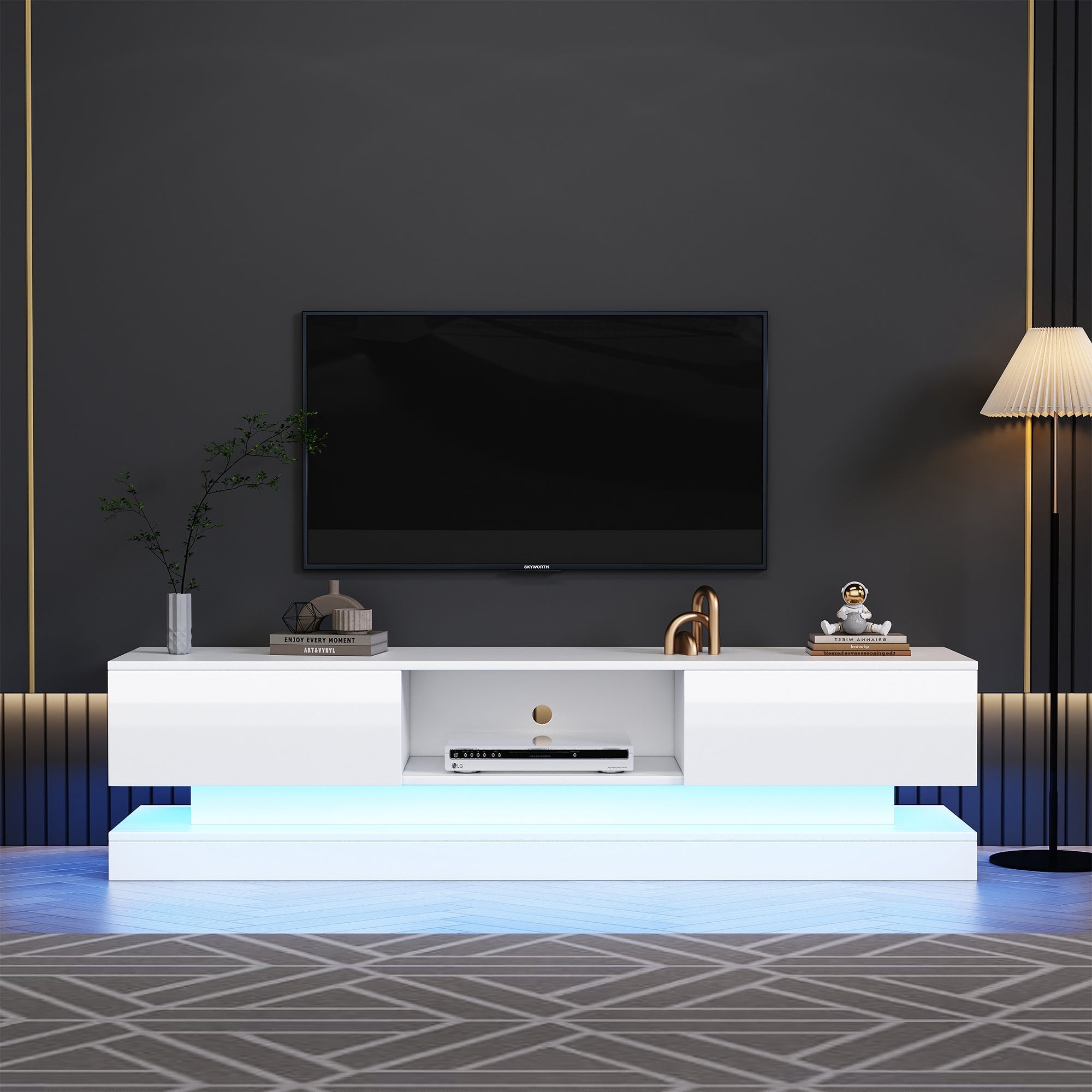 TV Stand 160 cm, with 16 Colour RGB LED Lights, High Gloss Front, 2 Drawers, 1 Open Storage Space, for 70-79 inch TVs, White