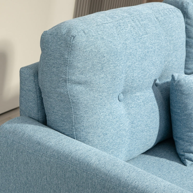 2 Seater Sofa - Spring Cushion, Wooden Legs, Tufted Couch, Light Blue Fabric