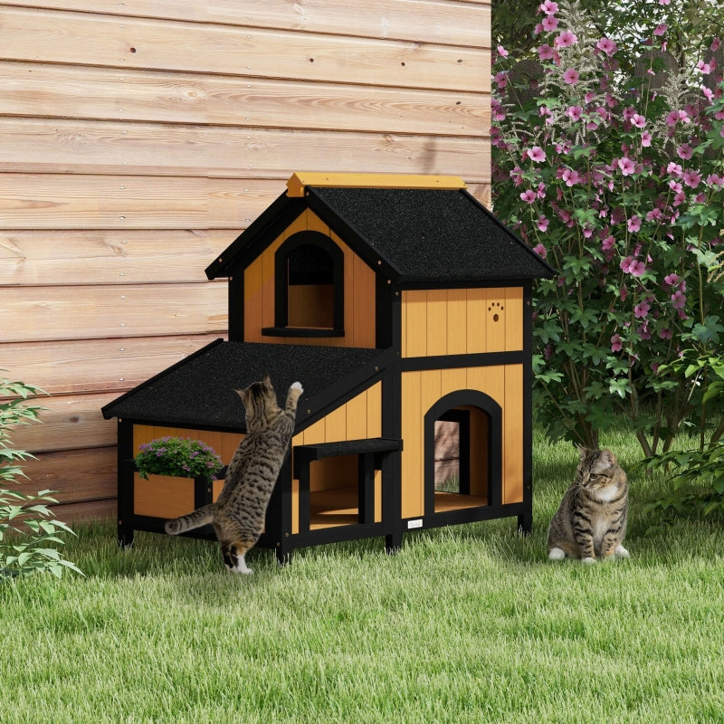 Wooden Cat House with Flower Pot, Windows, Multiple Entrances, Water-Resistant Roof - Yellow