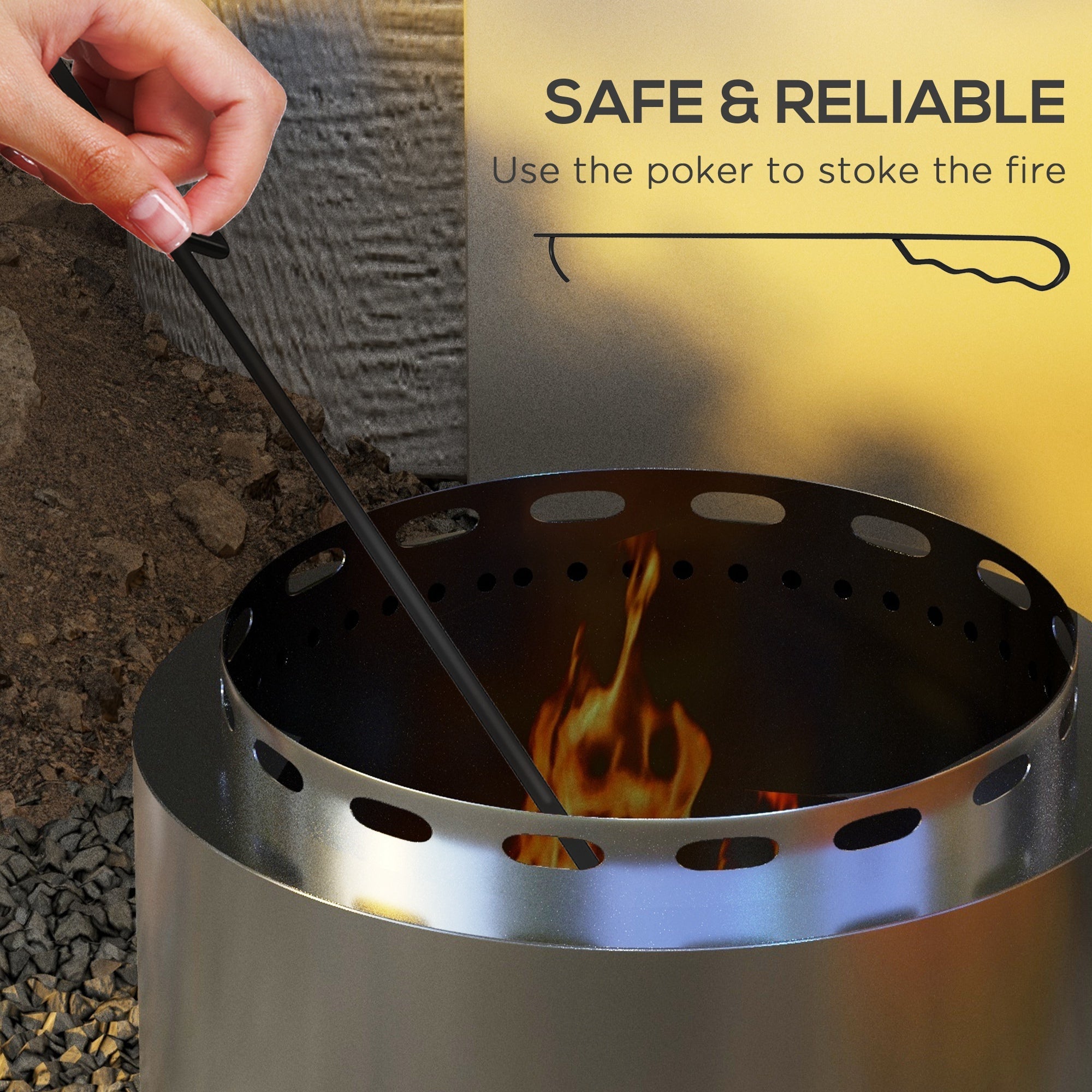 Smokeless Fire Pit, Portable Wood Burning Firepit with Poker, Stainless Steel Silver