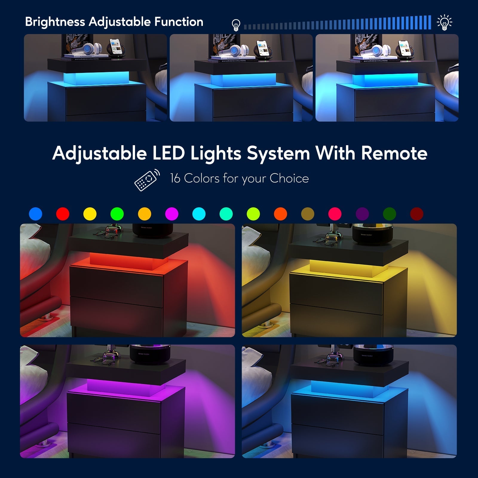 Nightstand LED Bedside Table Cabinet Lights Modern End Side with 2 Drawers for Bedroom (Black)