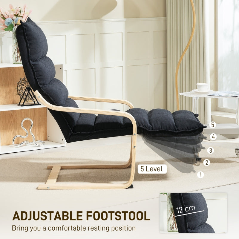 Curved Wooden Accent Chair with Adjustable Footrest - Black