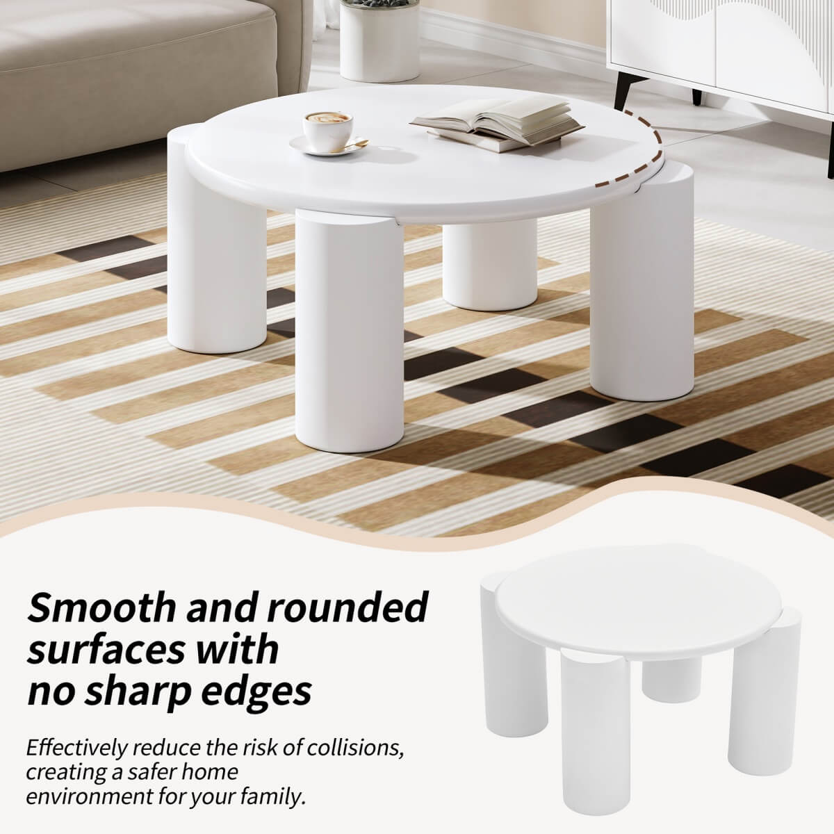 White Round Coffee Table – Modern Painted Wooden Tea Table with 4 Legs for Living Room, Bedroom or Apartment