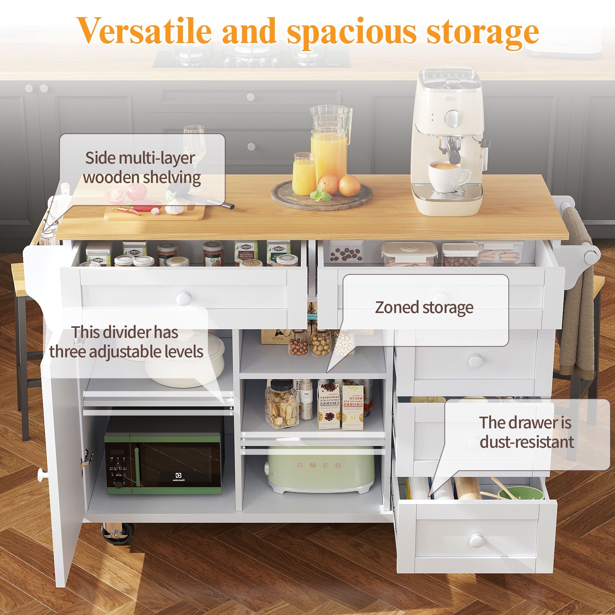 Dining Trolley Modern Simple Drawer Storage Cabinet Mobile Fixed Dual-Use White