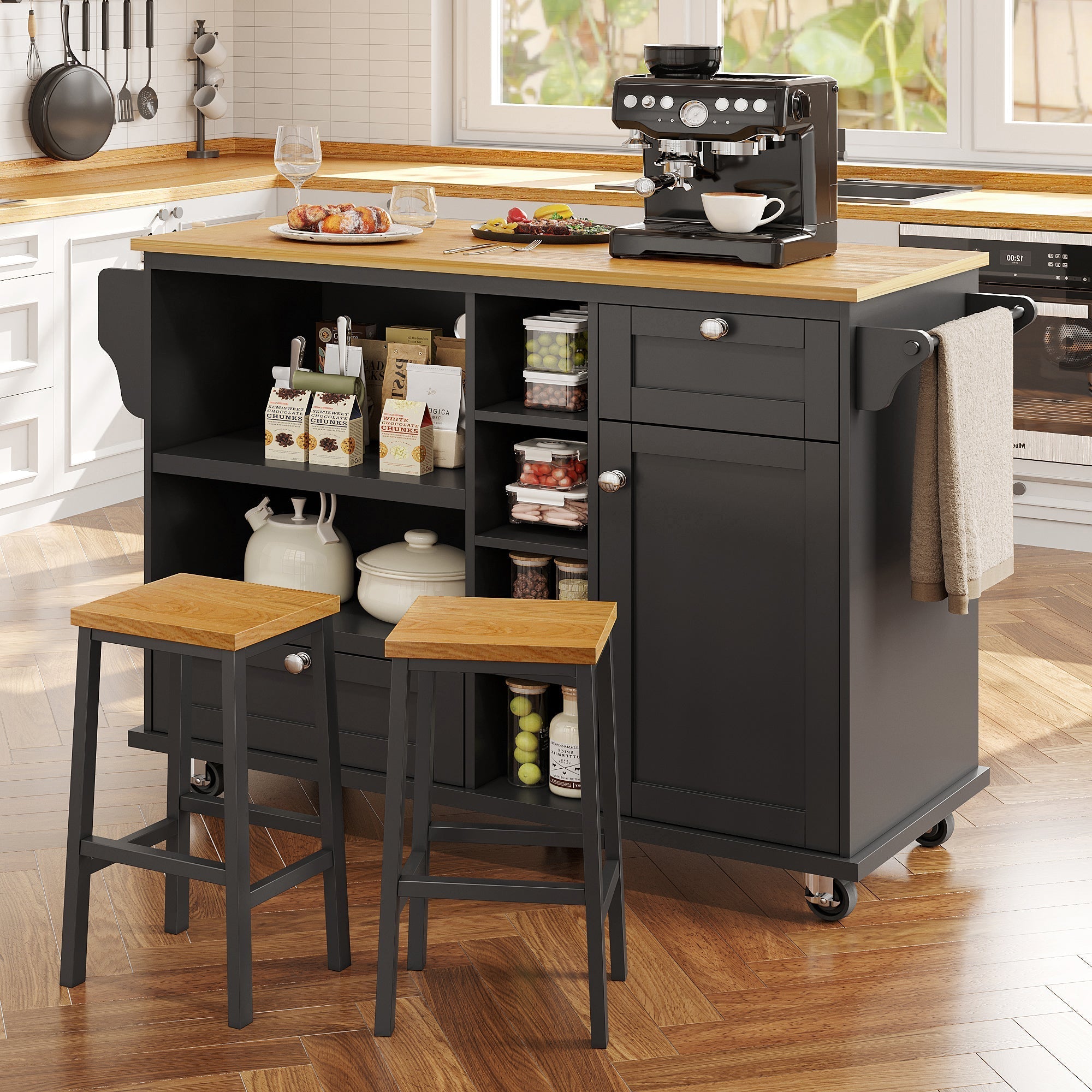 Dining Trolley (129x46x92cm), Mobile Kitchen with Drawers & Cupboards, Wood Top, Black