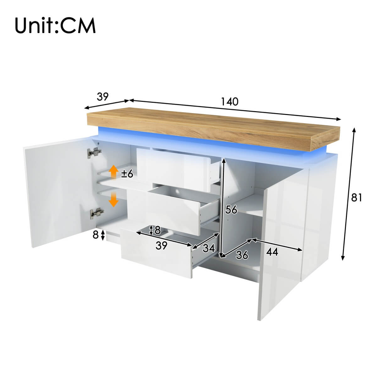 High Gloss Chest of Drawers – 2 Doors & 3 Drawers Sideboard Cabinet with RGB LED, App-Controlled Storage for Living Room & Bedroom